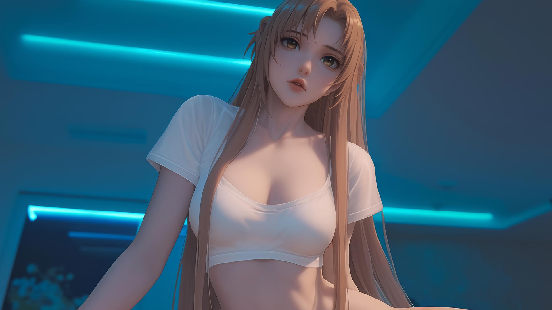 Asuna from Sword Art Online kneeling and looking down, with hotel ceiling behind her.