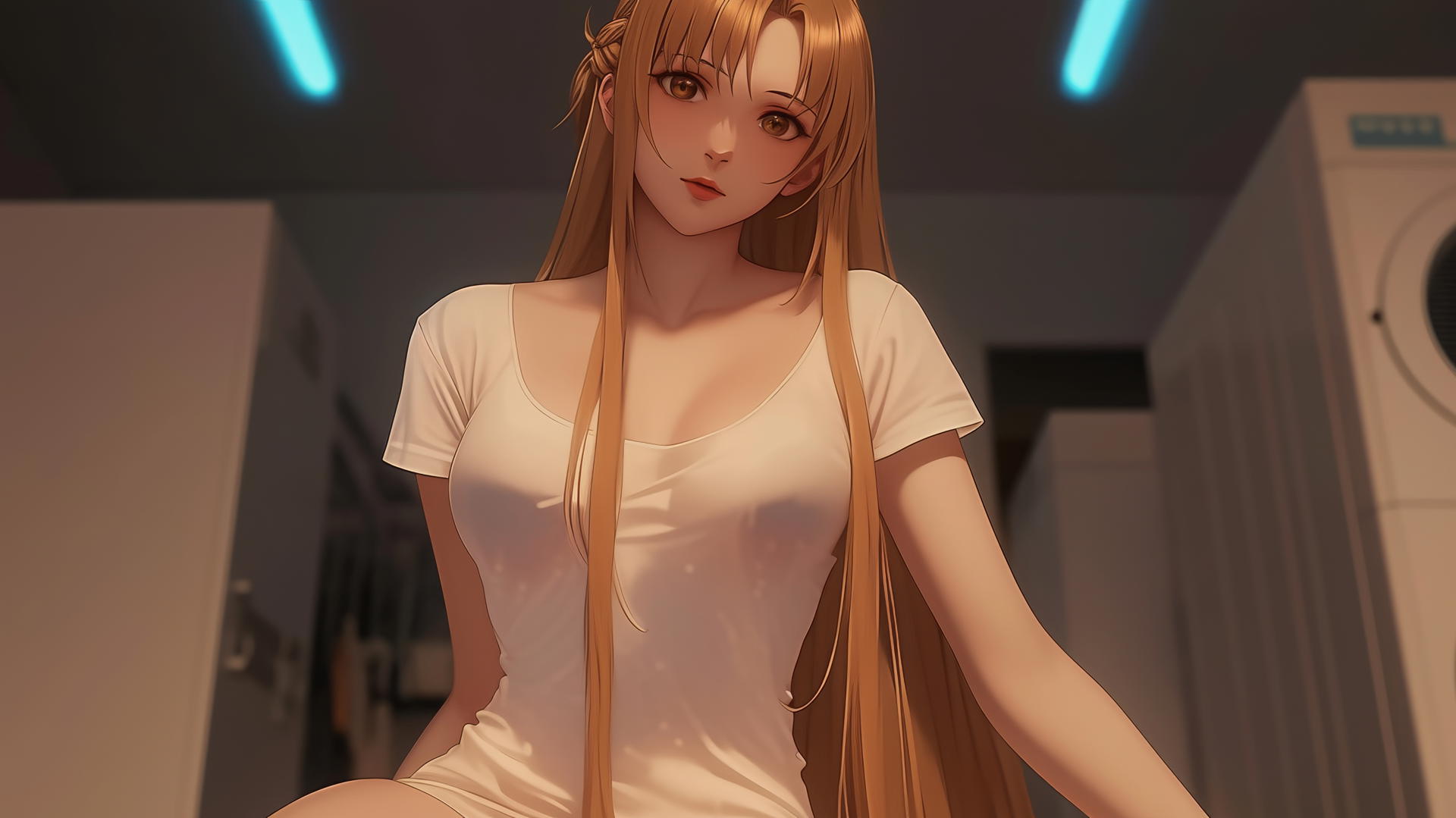 Asuna from Sword Art Online in white t-shirt kneeling, looking down, with hotel ceiling background.