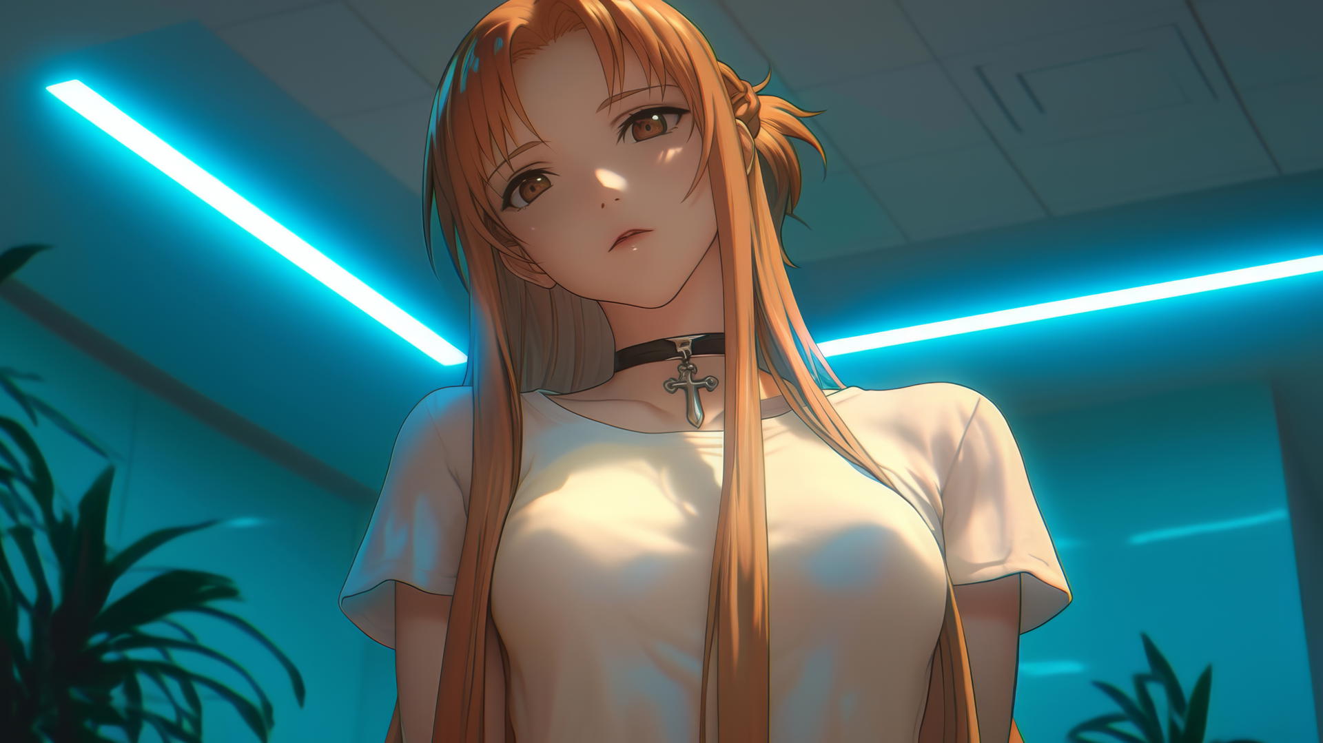 Asuna from Sword Art Online, wearing white t-shirt, kneeling and looking down with hotel ceiling and neon light glow