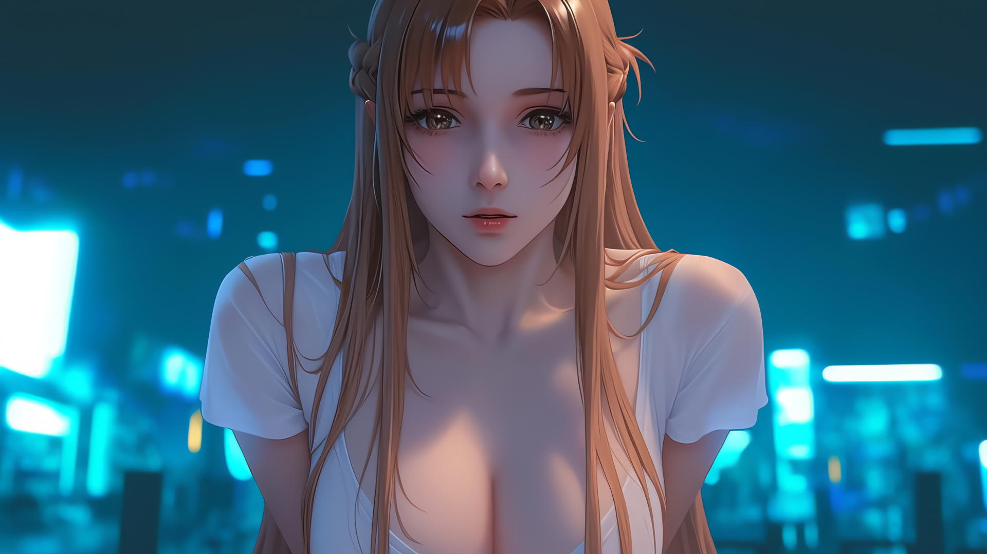 Asuna from Sword Art Online, viewed from below, kneeling, with a hotel ceiling background