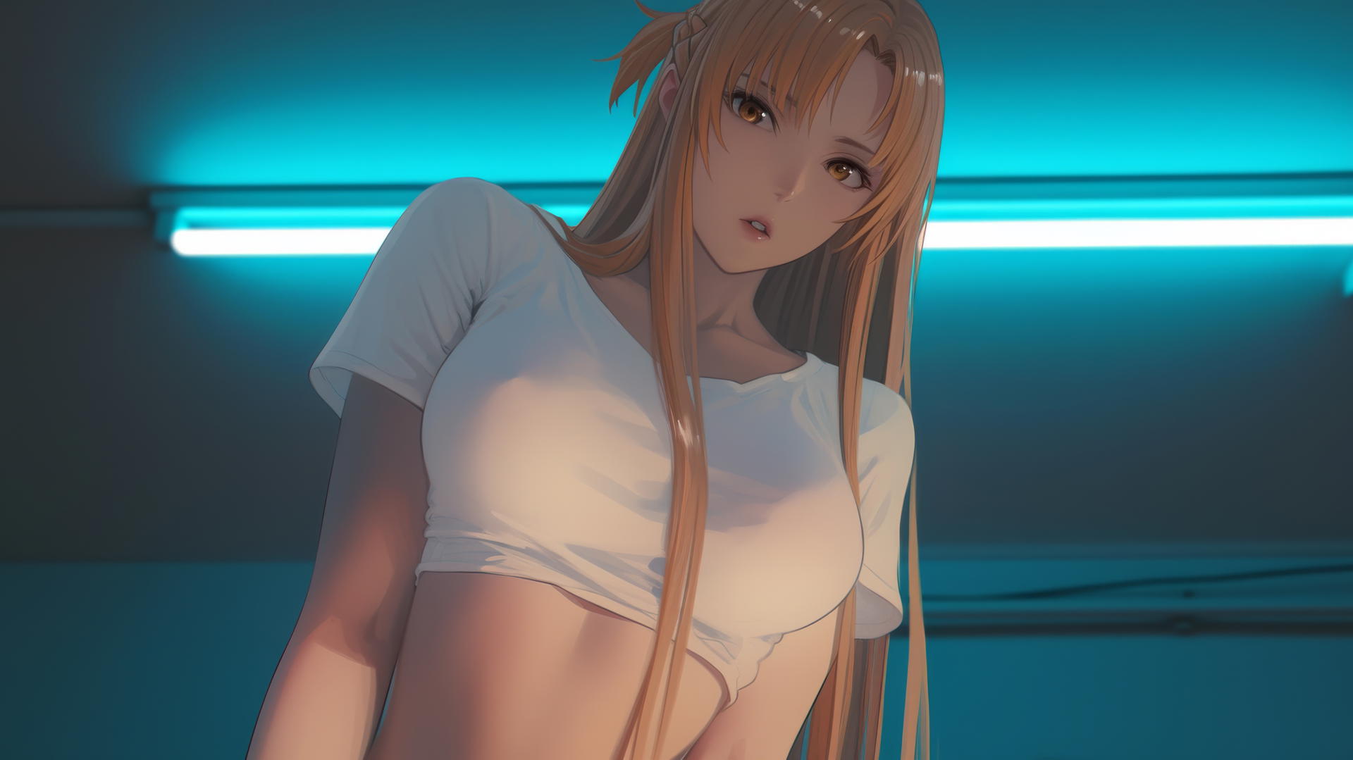 Asuna from Sword Art Online, kneeling, looking down, hotel ceiling background