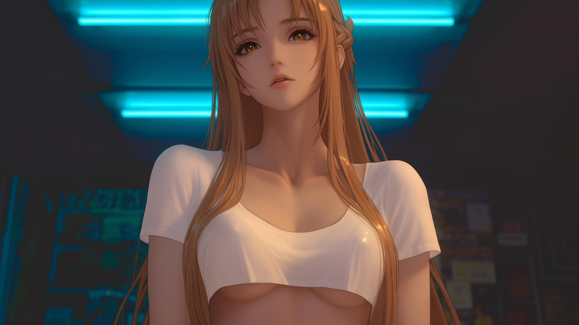 Asuna from Sword Art Online kneeling, seen from below in a white t-shirt, hotel ceiling background