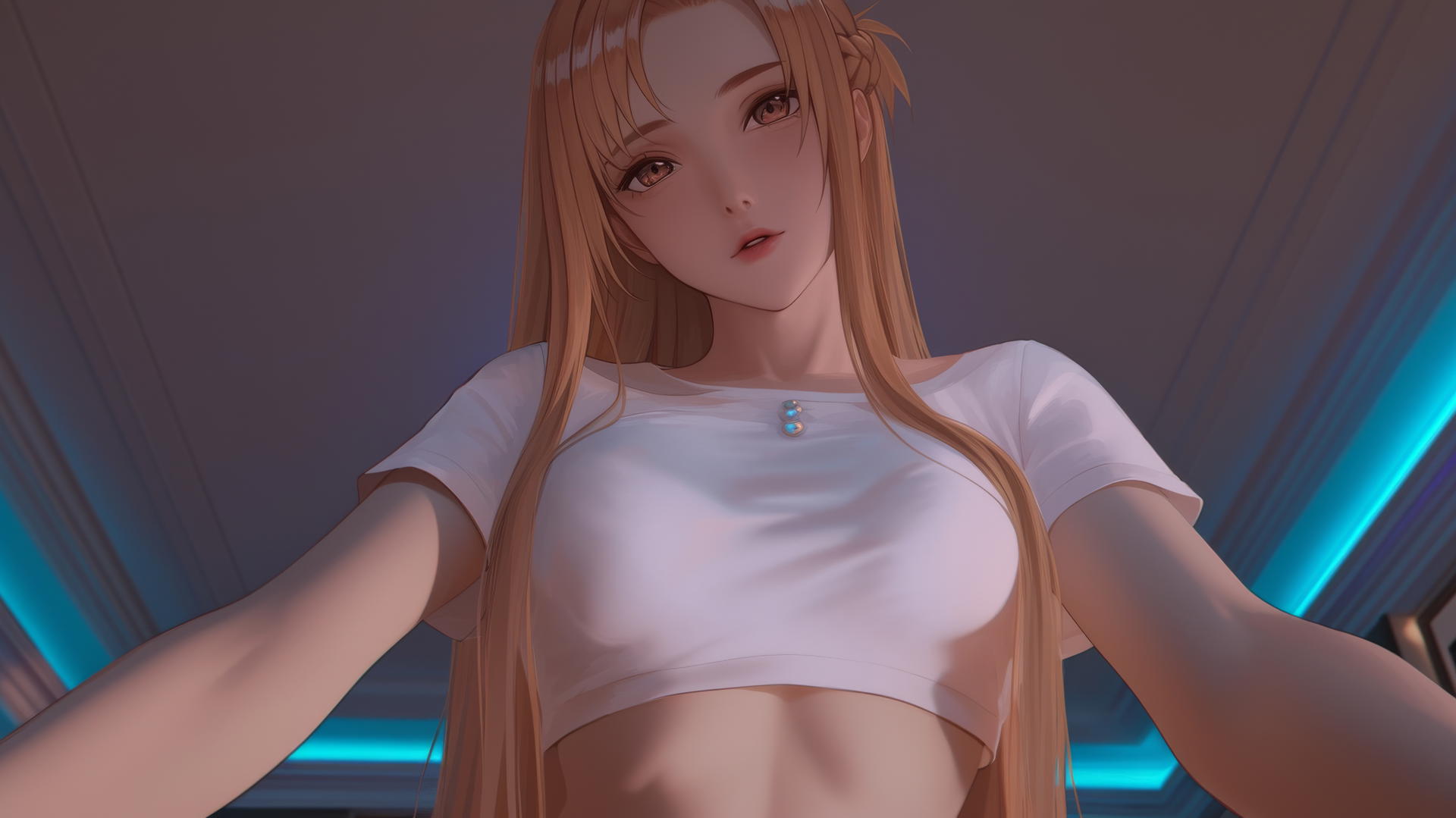 Asuna from Sword Art Online kneeling, seen from below, in a white t-shirt with a hotel ceiling background.