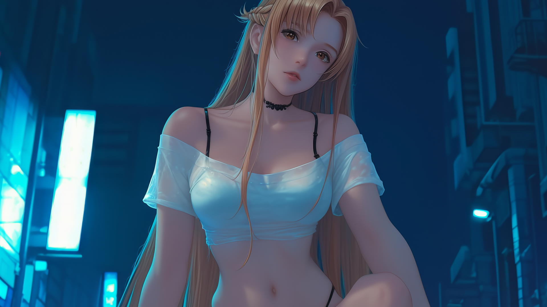 Asuna from Sword Art Online kneeling and looking down, with hotel ceiling background.