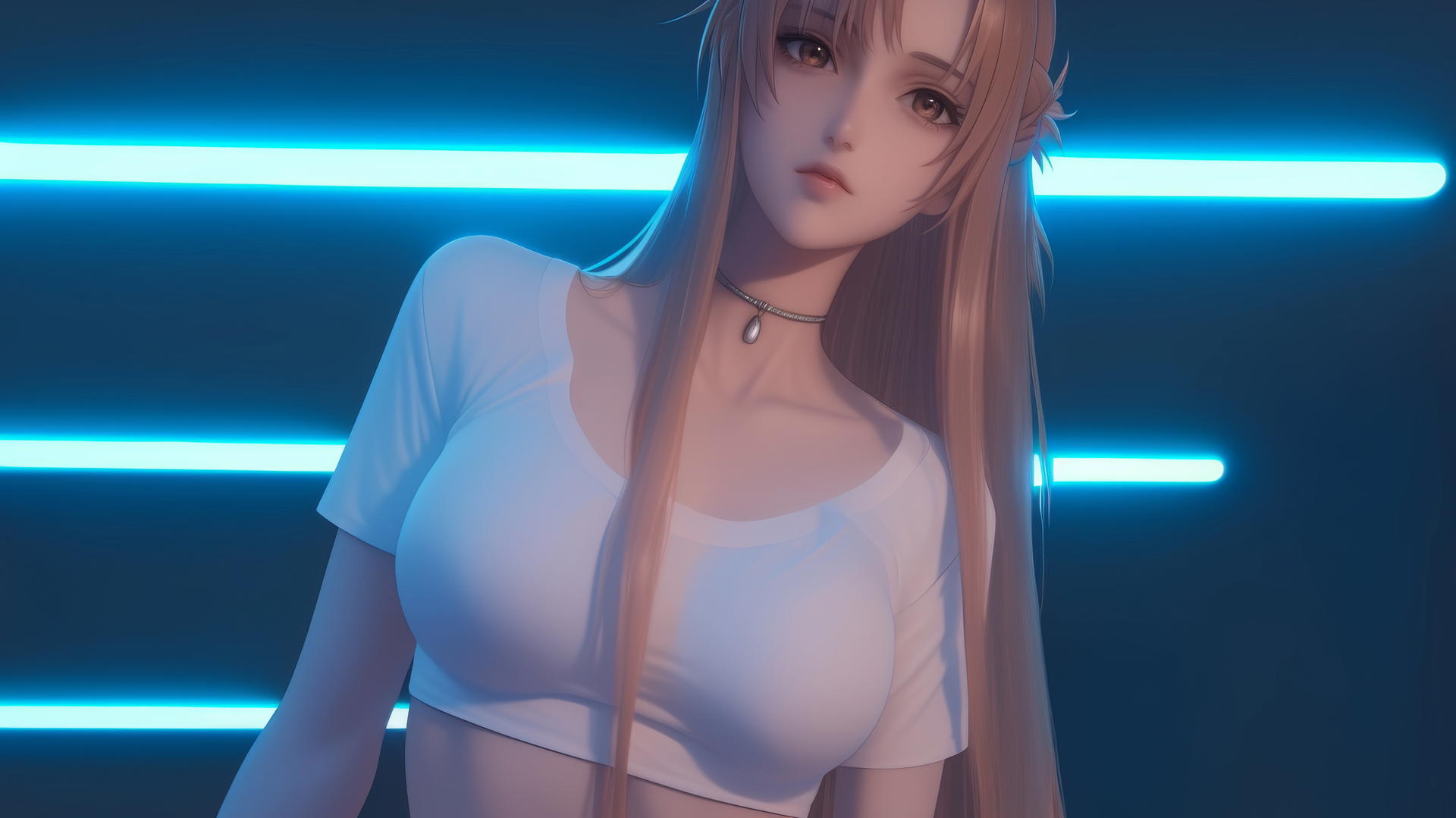 Asuna from Sword Art Online leaning forward, gazing down, with neon-lit hotel ceiling.