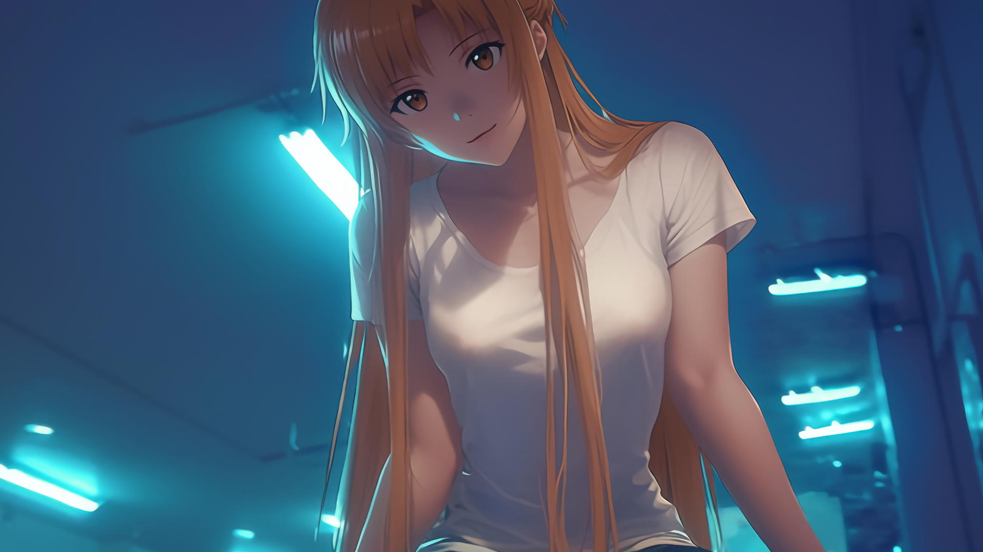 Asuna from Sword Art Online in a white t-shirt kneeling under a hotel ceiling, looking down with soft neon lighting.