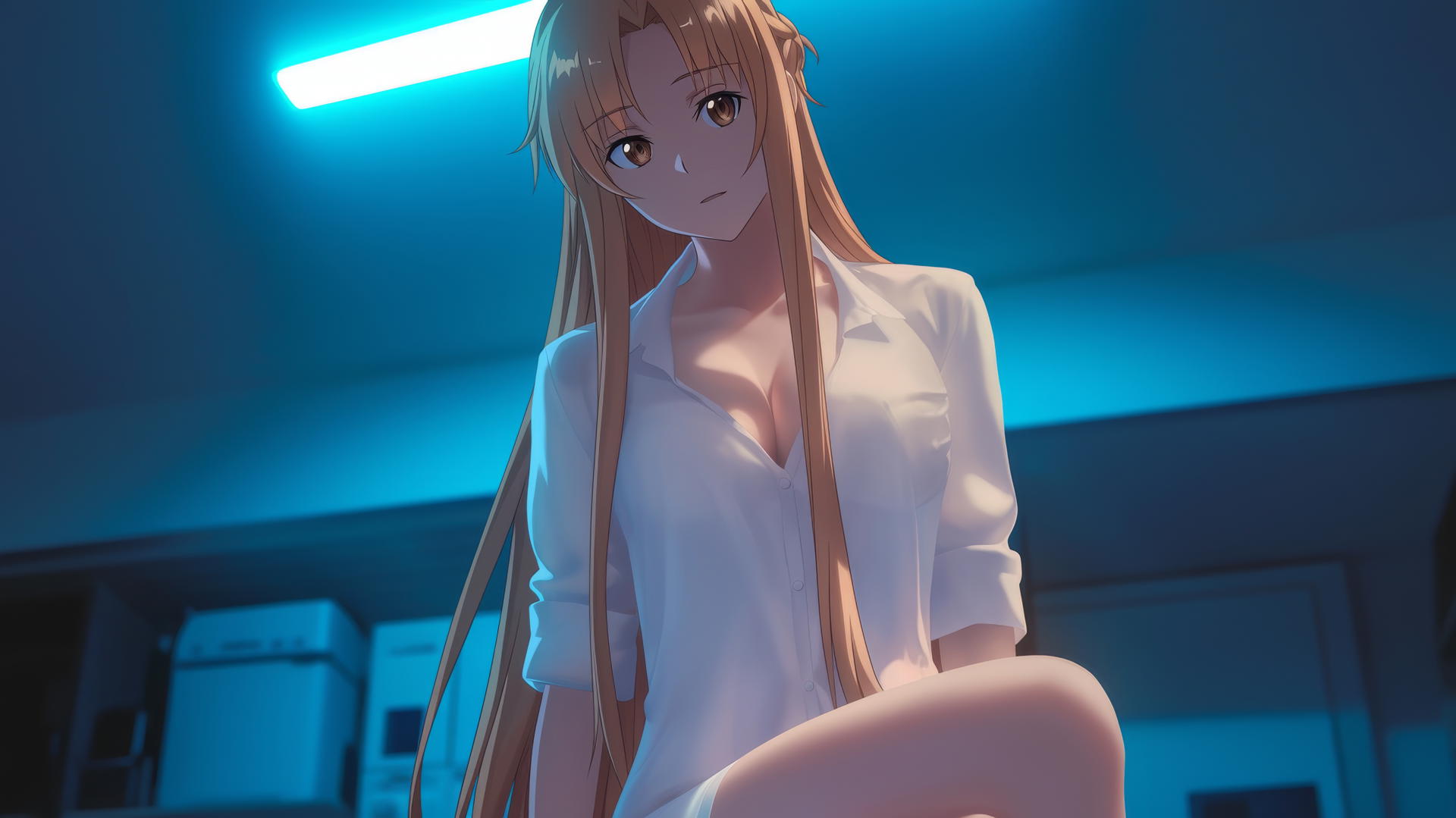Asuna from Sword Art Online in white shirt, kneeling with hotel ceiling background