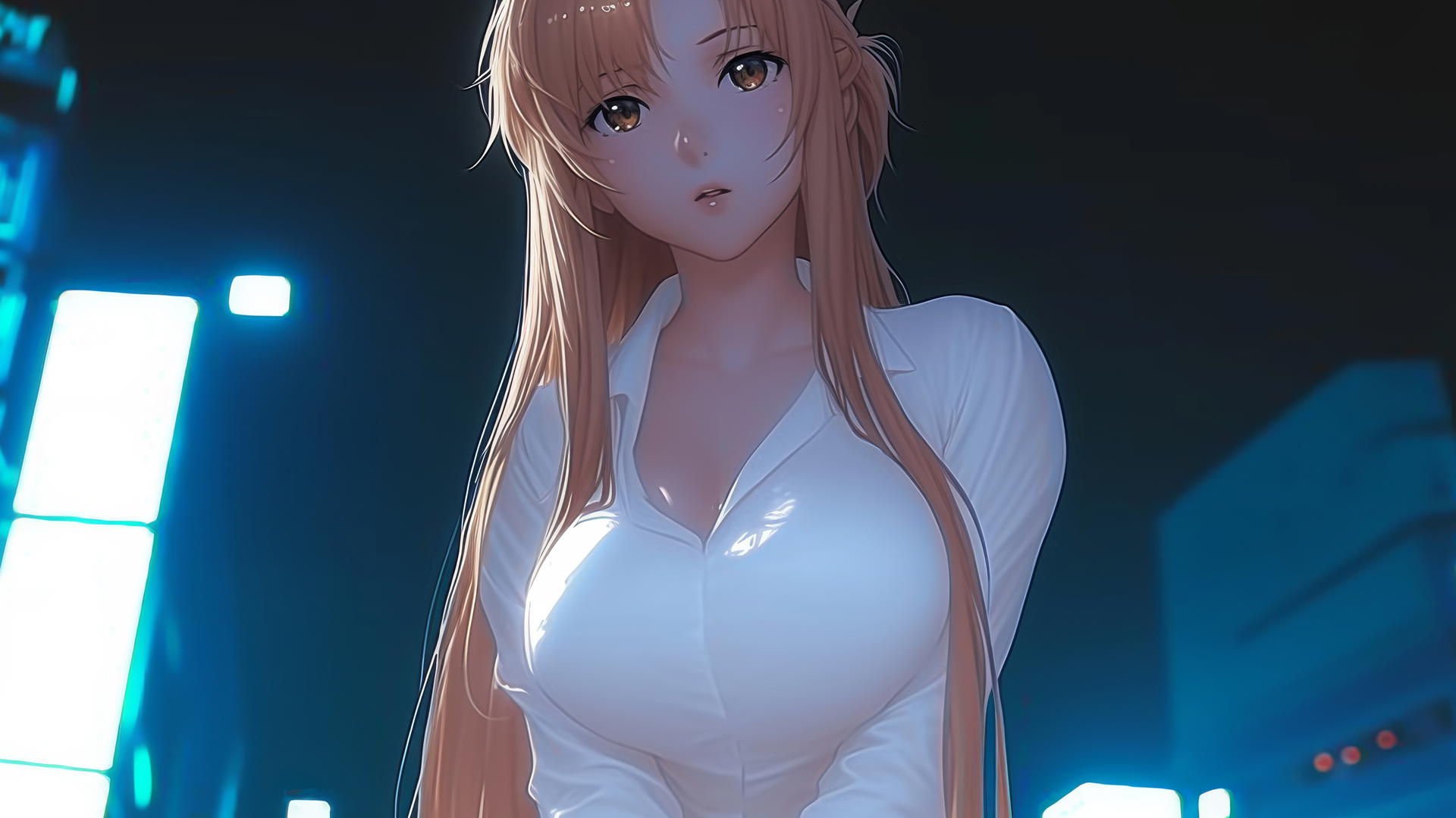 Asuna from Sword Art Online, in a white office shirt, kneeling and leaning forward, with hotel ceiling background.