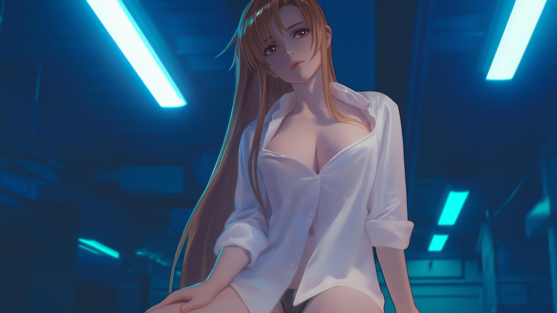 Asuna from Sword Art Online, in a white office shirt, leaning and kneeling with neon-lit ceiling background