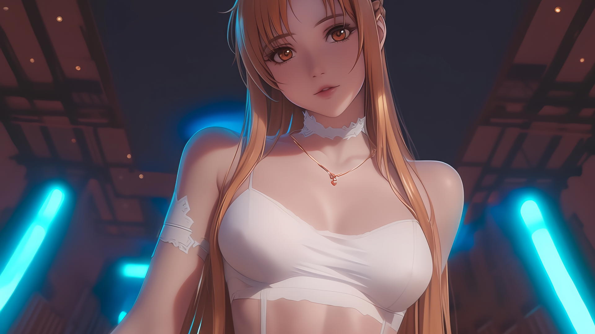 Asuna from Sword Art Online leaning down with a hotel ceiling above, soft neon light