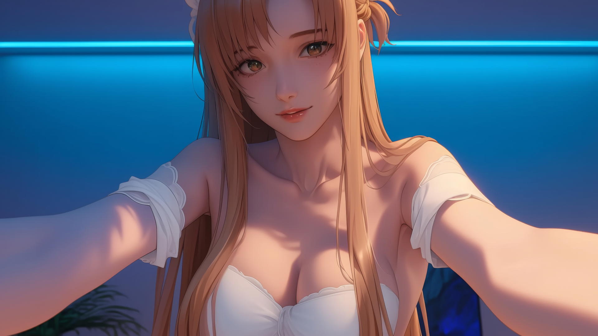 Asuna from Sword Art Online kneeling and looking down with hotel ceiling background
