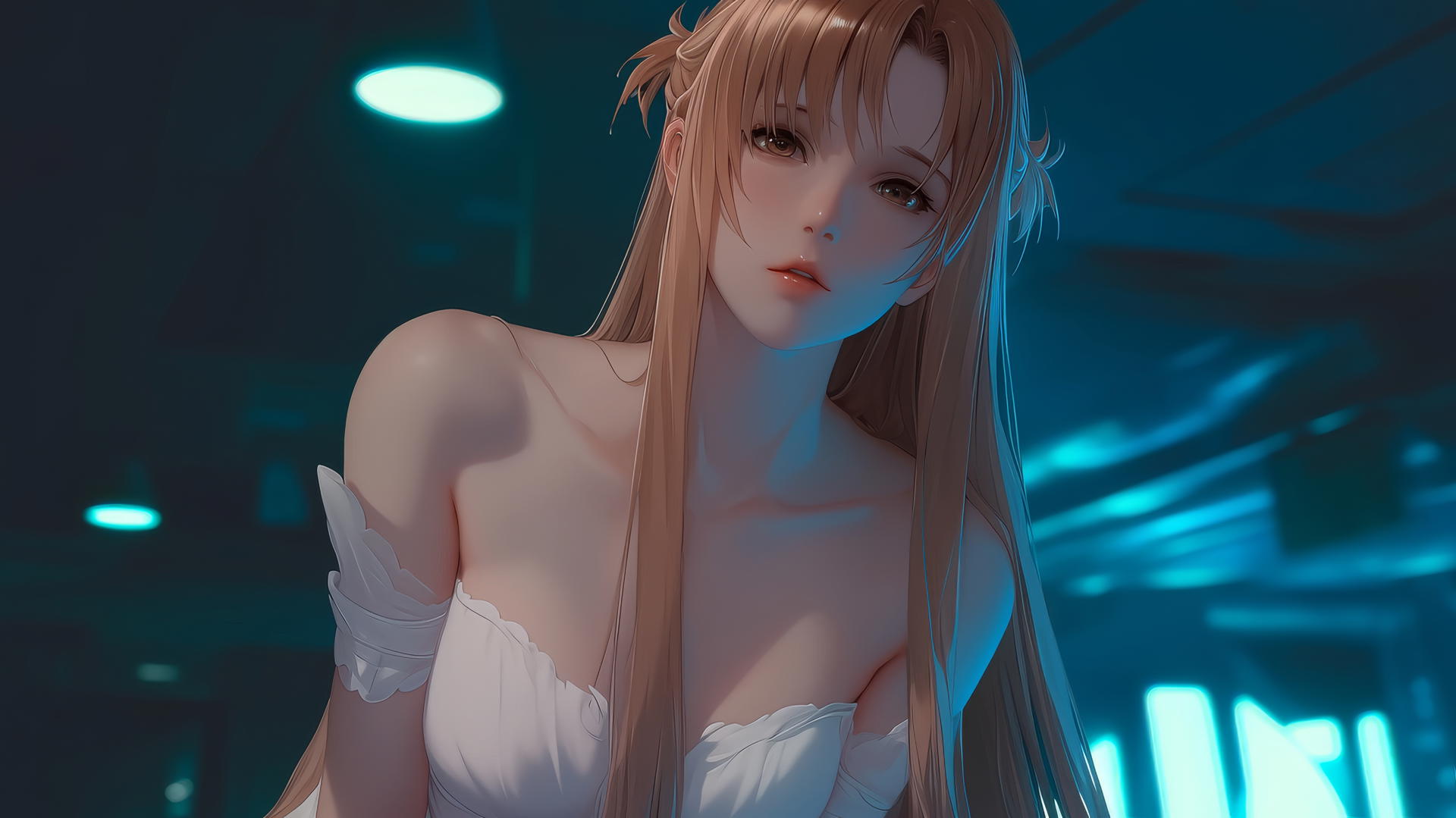 Asuna from 'Sword Art Online' in a white outfit, kneeling and looking down, with a hotel ceiling and neon lights in the background.