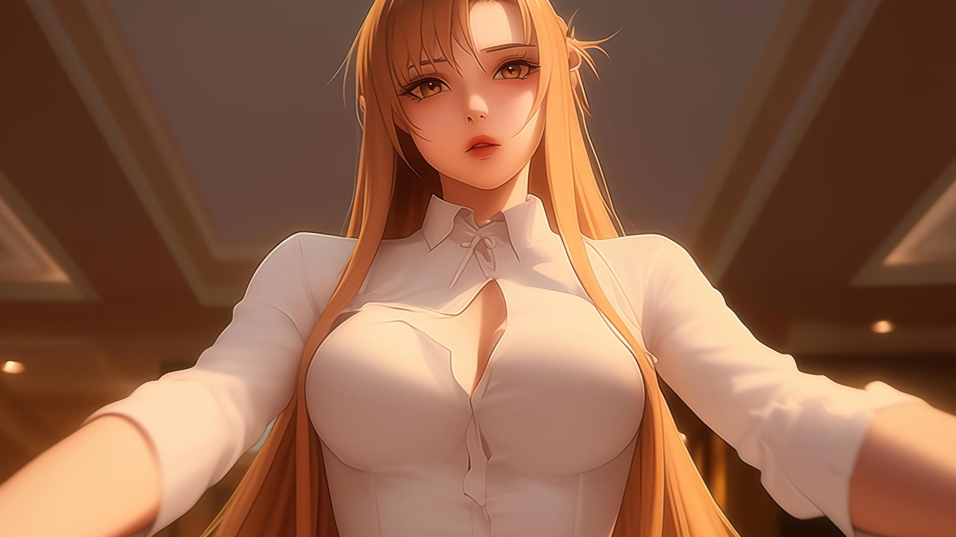 Asuna from Sword Art Online kneeling, looking straight down, with hotel ceiling background.