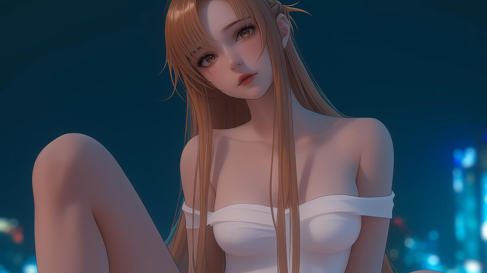 Asuna from Sword Art Online kneeling, looking down with hotel ceiling background
