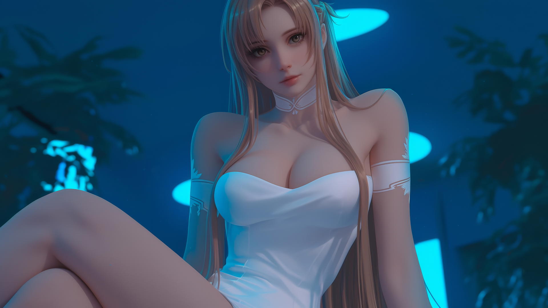 Asuna from Sword Art Online leaning forward, viewed from below with hotel ceiling background.