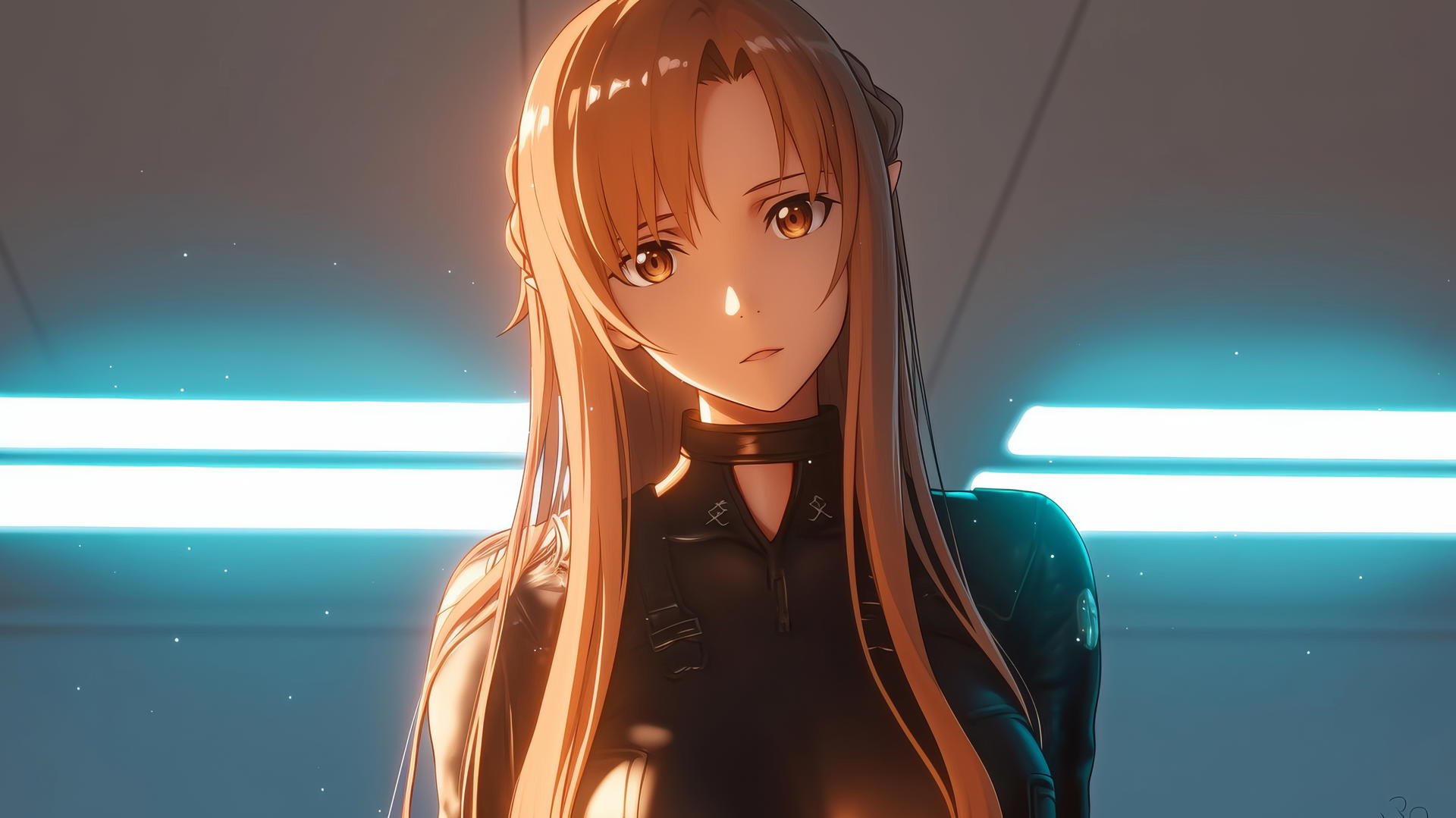 Asuna from Sword Art Online kneeling and looking down, with hotel ceiling background.