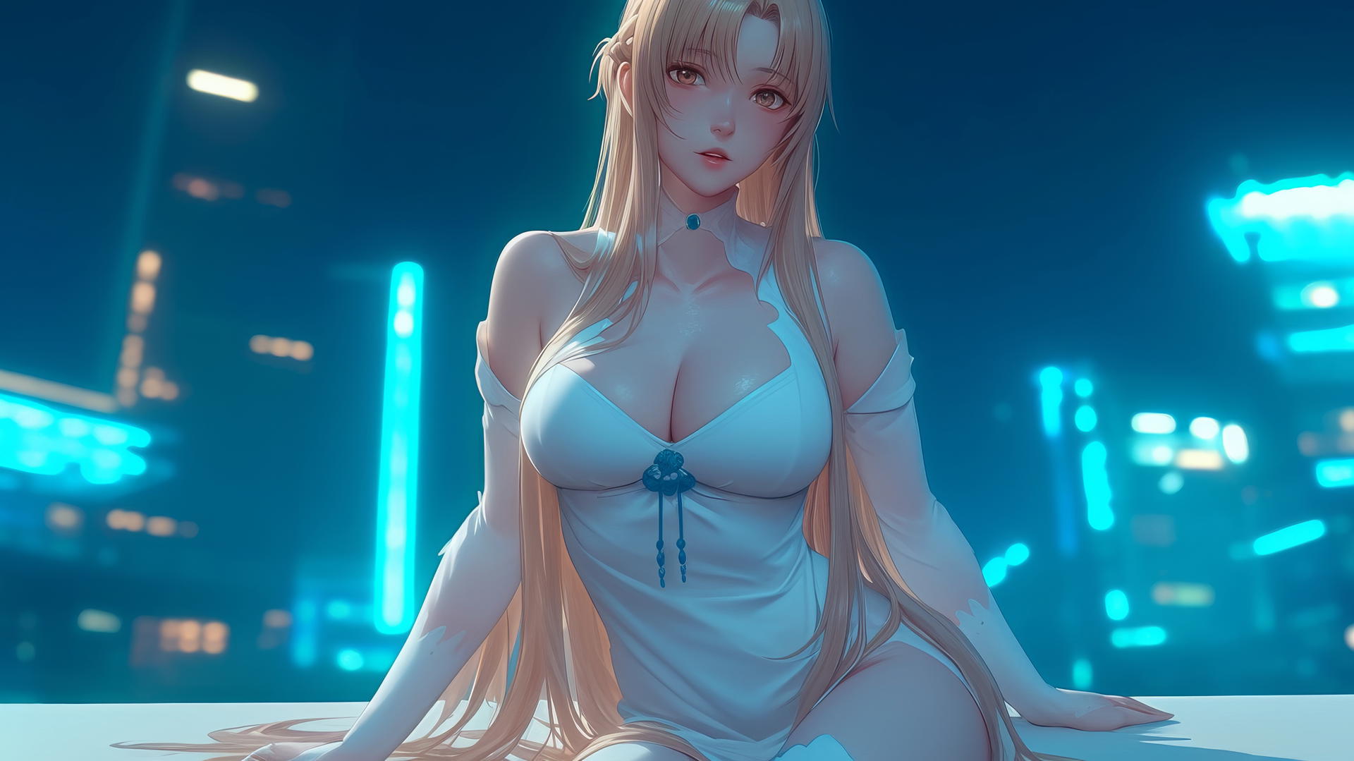 Asuna from Sword Art Online kneeling, looking down with neon-lit hotel ceiling background.
