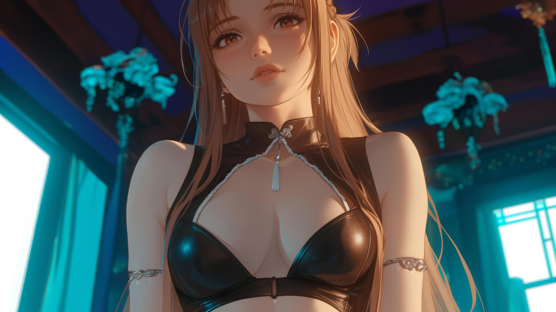 Asuna from Sword Art Online kneeling, looking down with neon-lit hotel ceiling background.