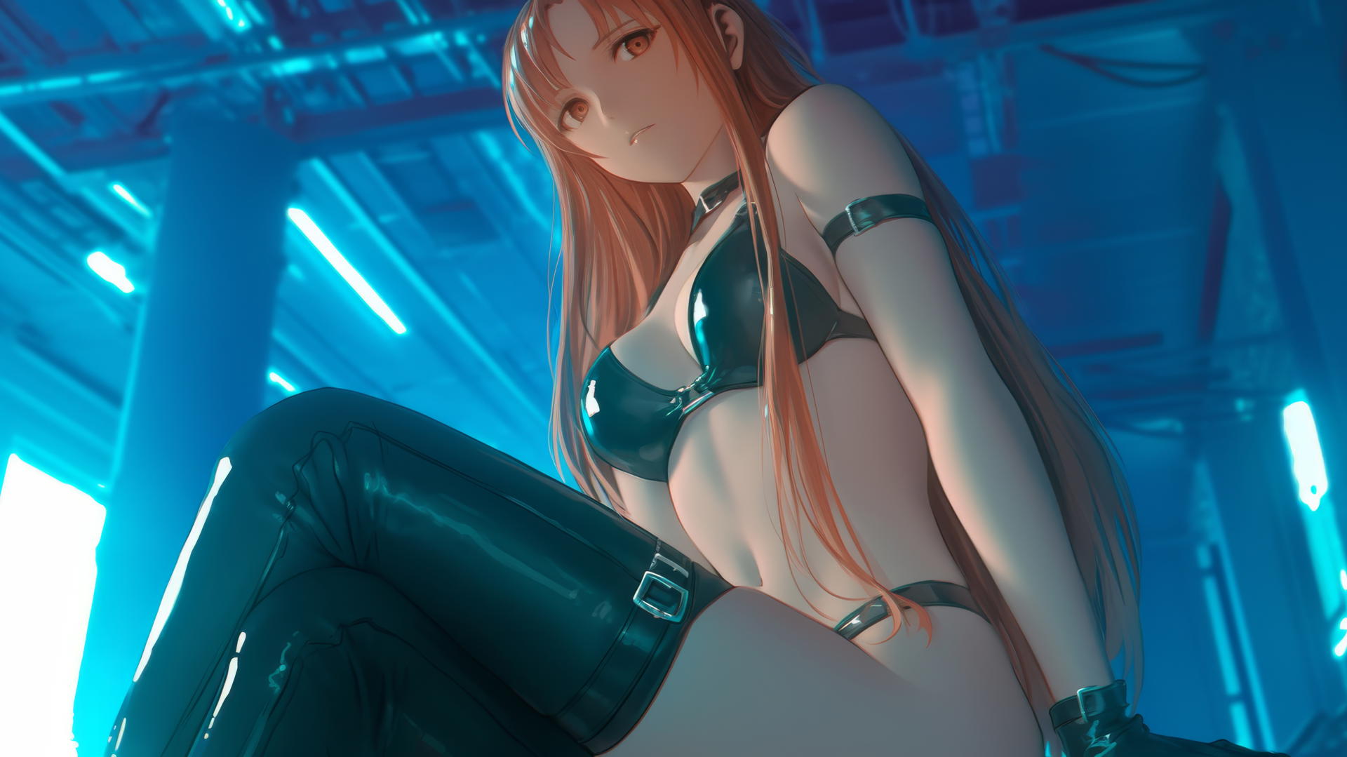 Asuna from Sword Art Online, seen from below, kneeling, with neon-lit hotel ceiling above.