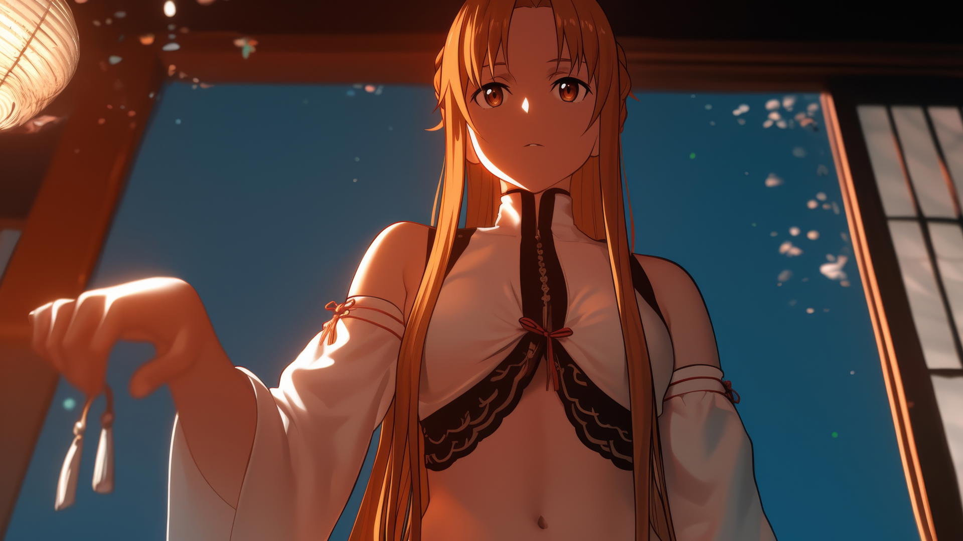 Asuna from Sword Art Online, seen from below, with hotel ceiling and neon light glow.