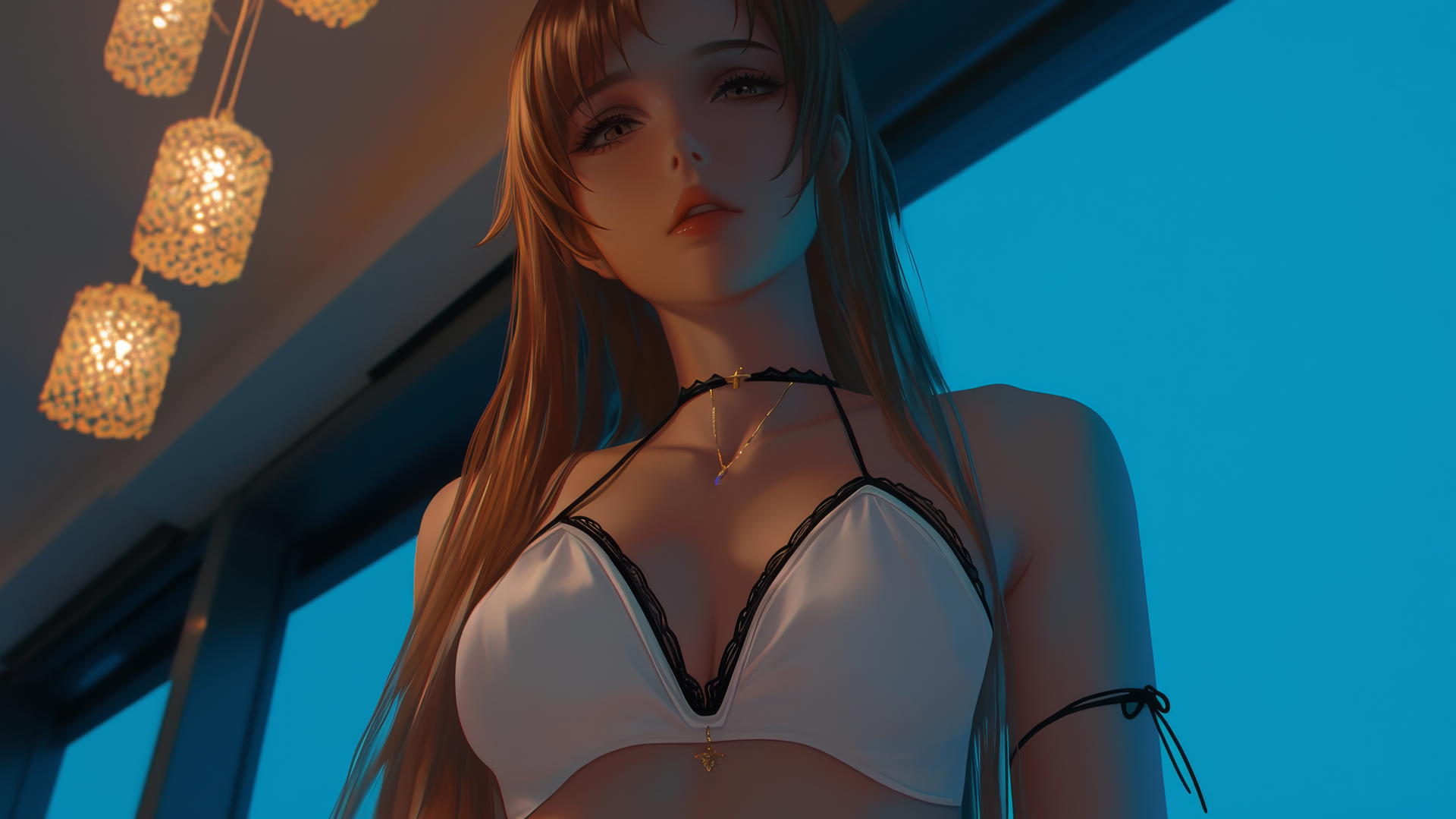 Asuna from Sword Art Online, kneeling and leaning forward with hotel ceiling background, neon light glow