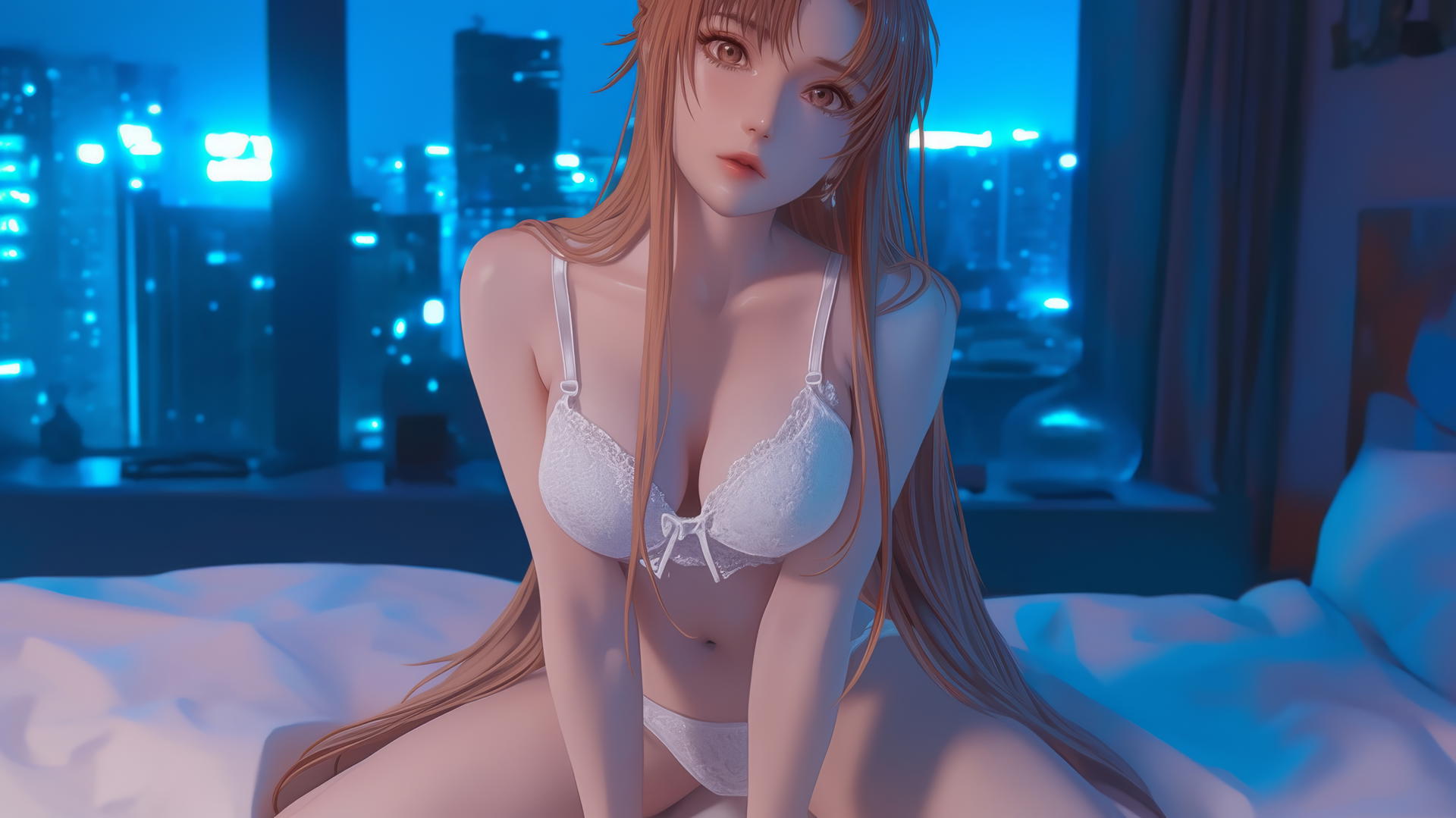 Asuna from Sword Art Online kneeling and looking up, illuminated by neon light.