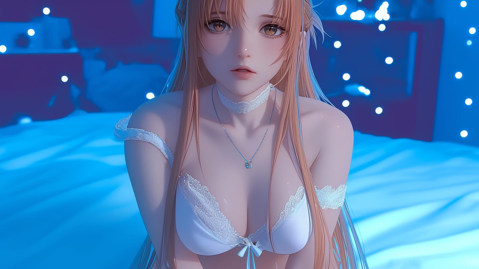 Asuna from Sword Art Online kneeling and looking up, bathed in neon light.