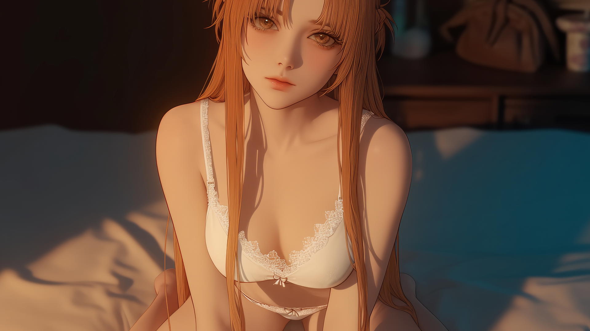 Asuna from Sword Art Online kneeling in a modern hotel room with neon lighting.