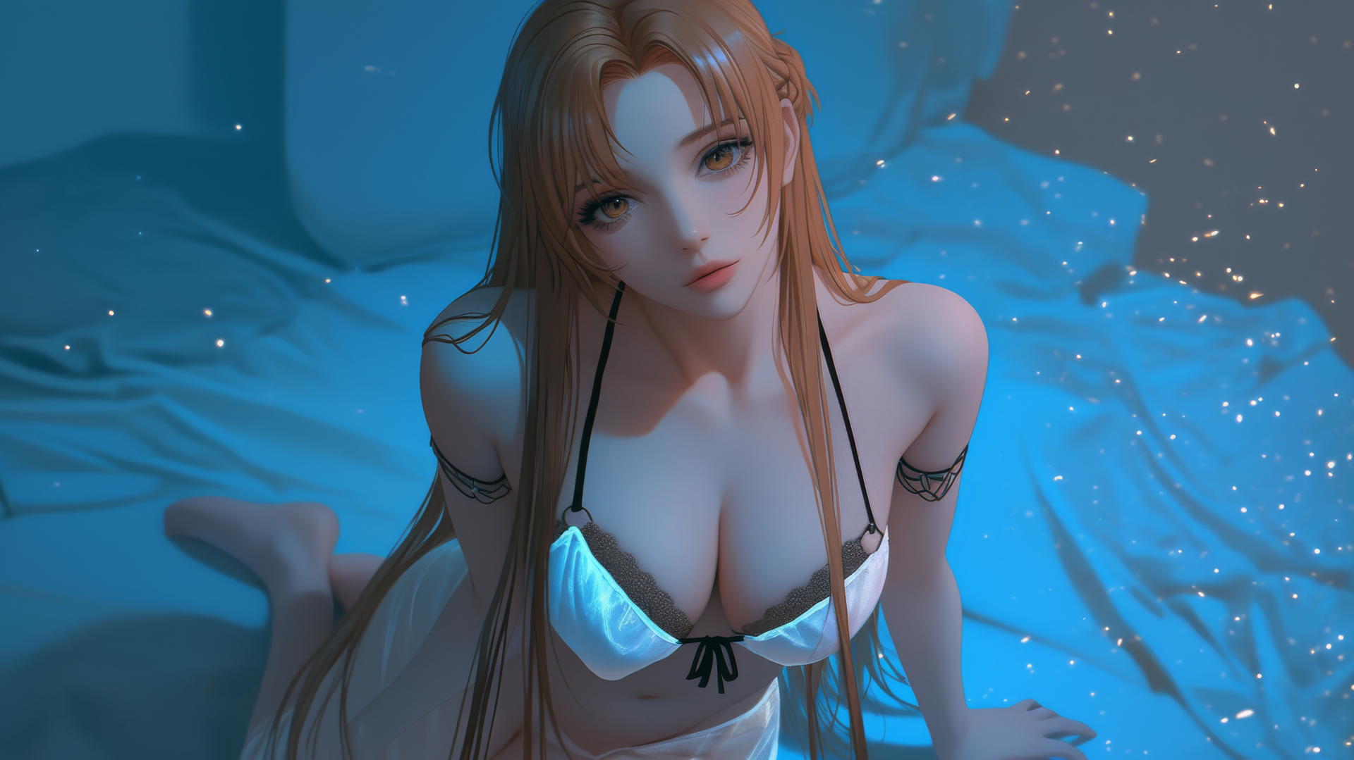 Asuna from Sword Art Online kneeling under neon light