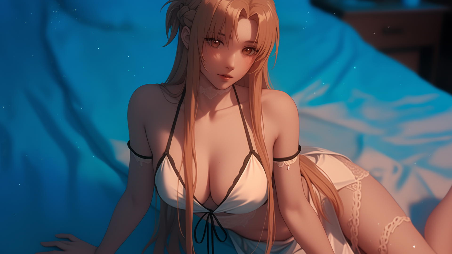 Asuna from Sword Art Online kneeling and looking up in a neon-lit modern hotel room