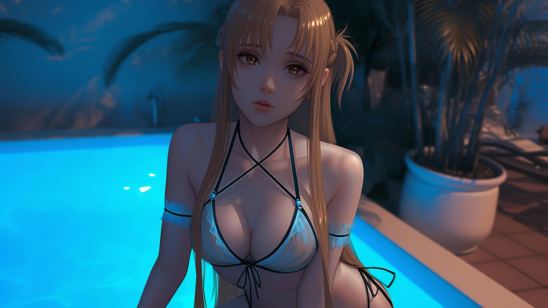 Asuna from Sword Art Online kneeling, neon light casting a soft glow, looking up