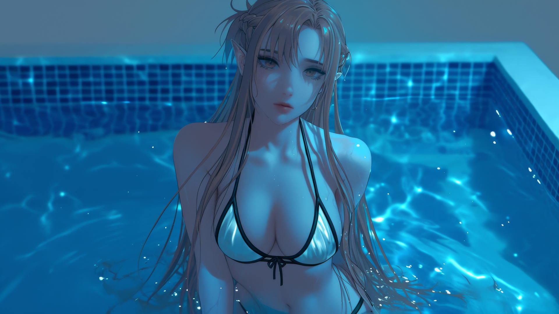 Asuna from Sword Art Online kneeling in a neon-lit modern hotel room, looking up.