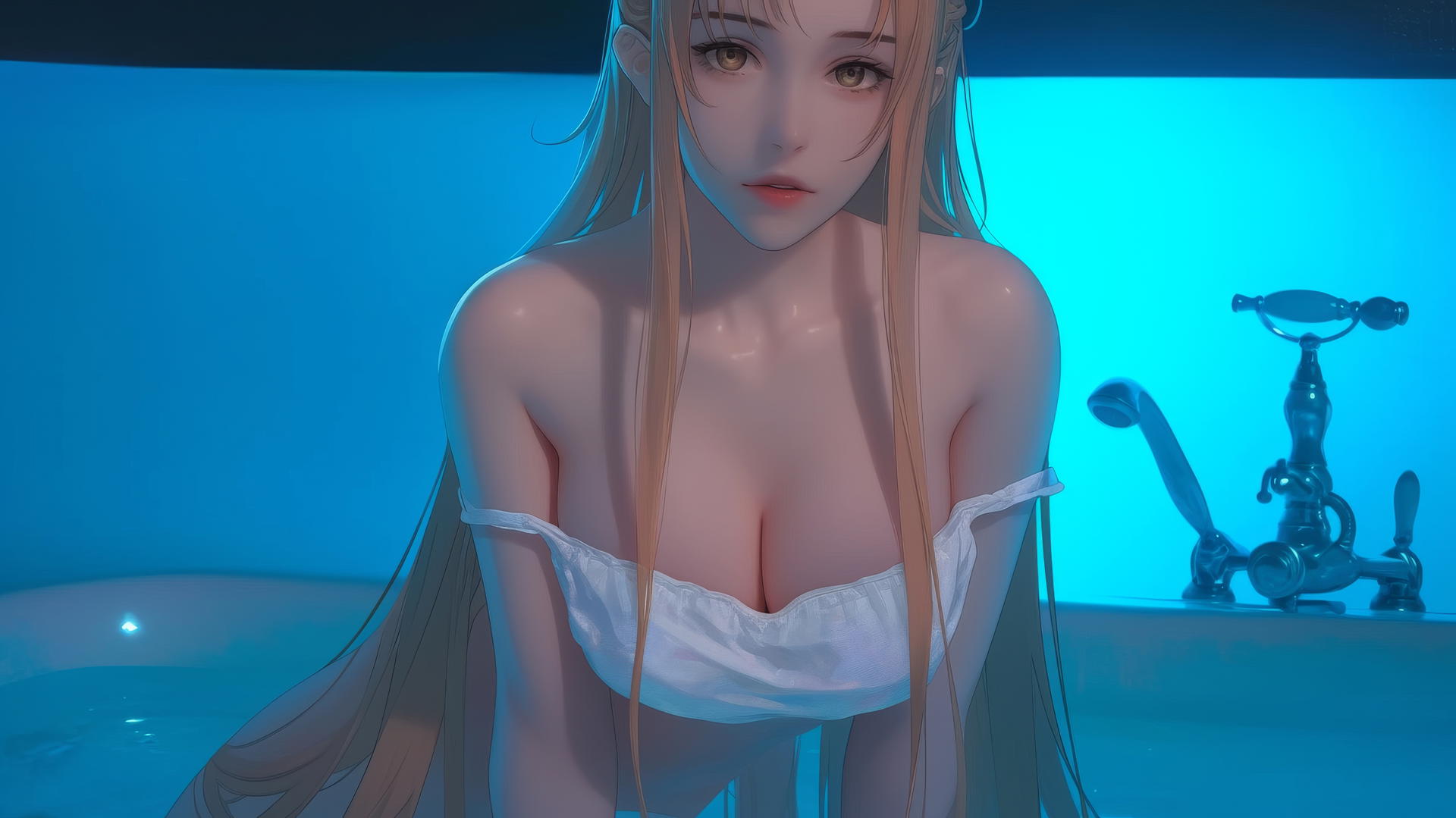 Asuna from Sword Art Online kneeling, looking up with neon glow.