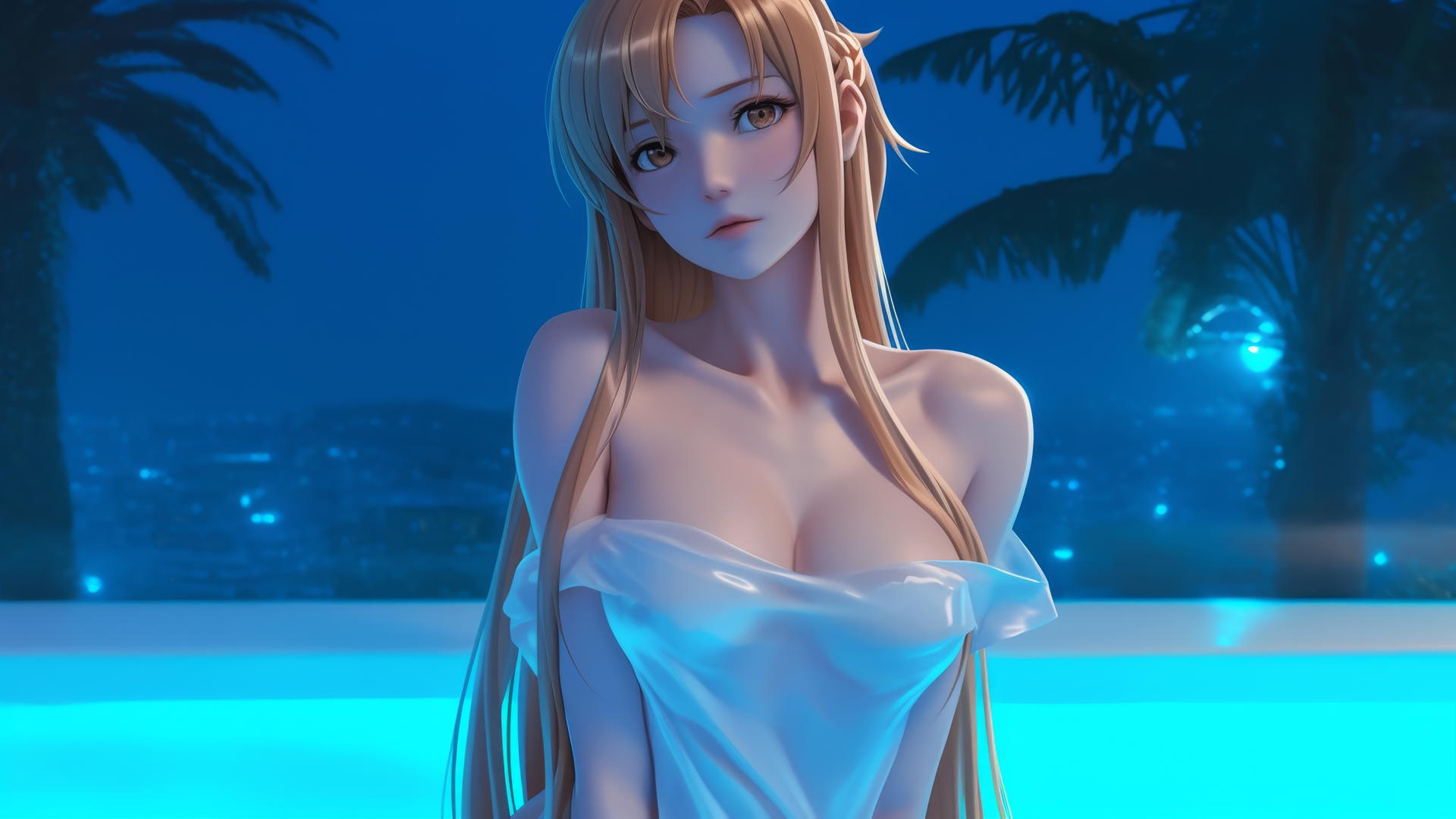 Asuna from Sword Art Online kneeling and looking up, illuminated by neon hotel light.