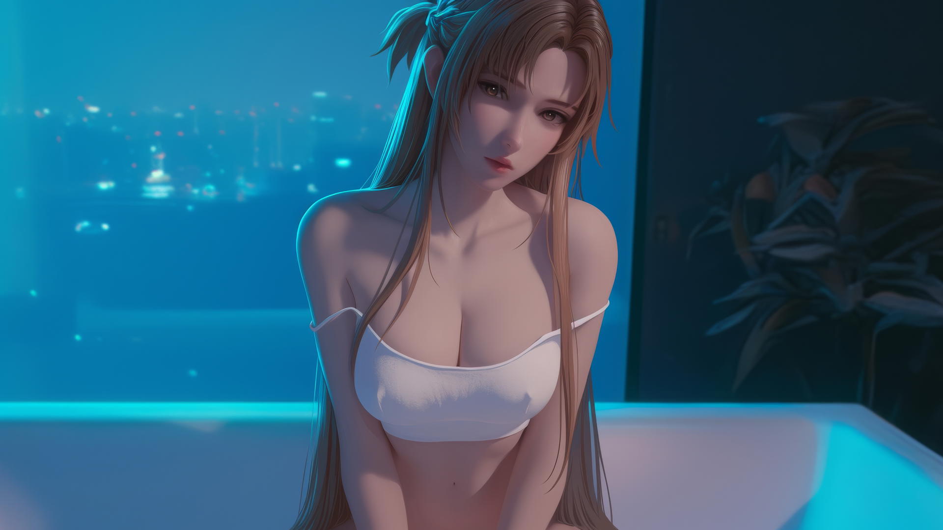 Asuna from Sword Art Online, kneeling, looking up, neon-lit modern hotel room