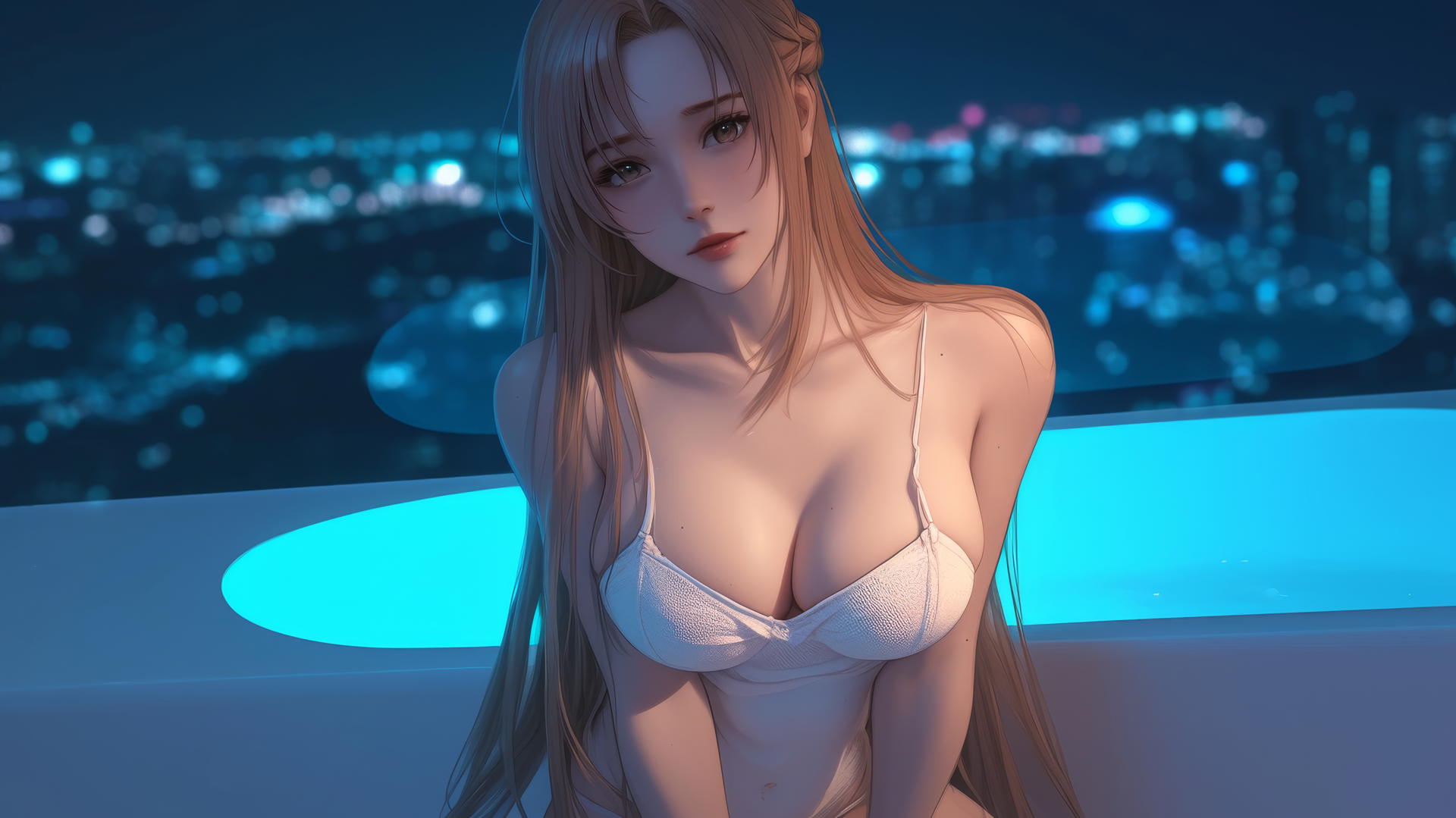 Asuna from Sword Art Online kneeling, looking up, soft glow of neon light