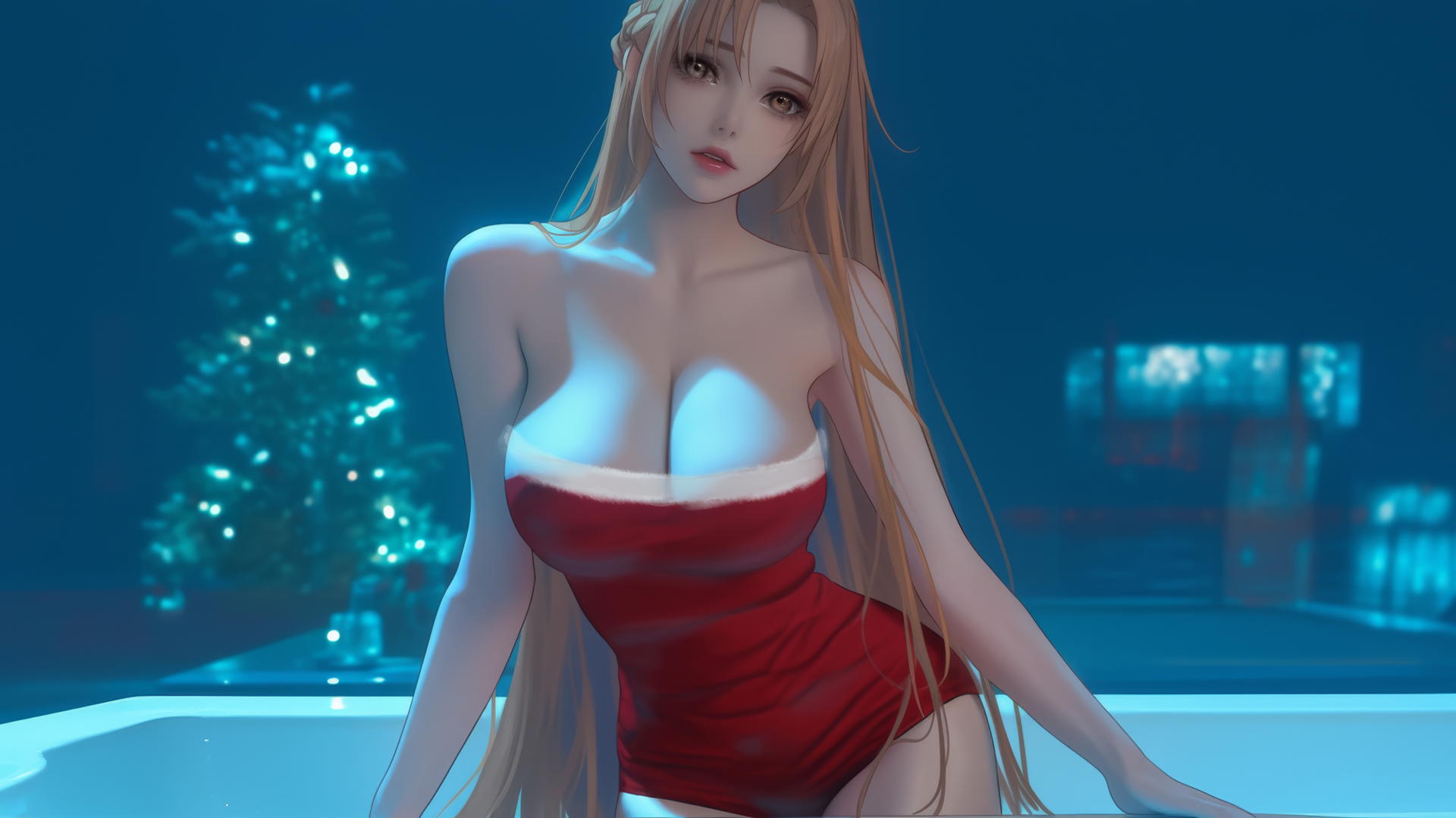 Asuna from Sword Art Online in a Christmas-themed hotel room, neon glow