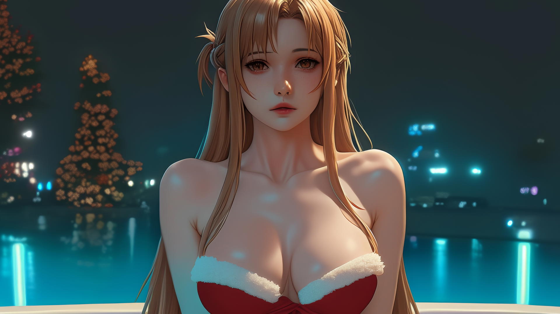 Asuna from Sword Art Online in a Christmas red outfit, neon light glow