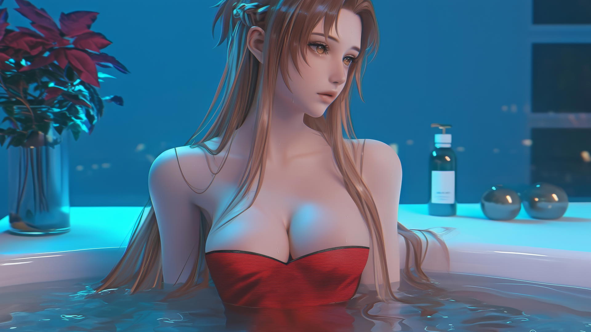 Asuna from Sword Art Online in a Christmas-themed hotel room with neon light.