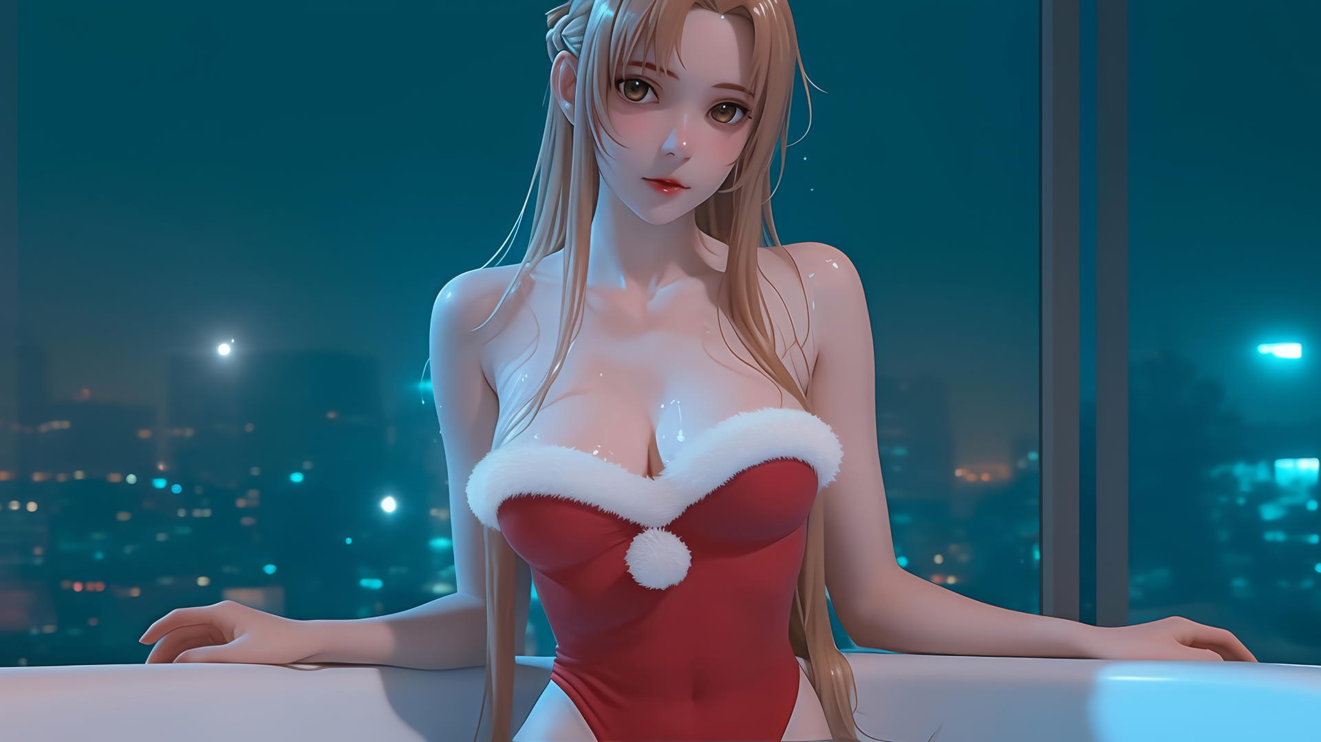 Asuna from Sword Art Online in a Christmas-themed hotel room with neon light