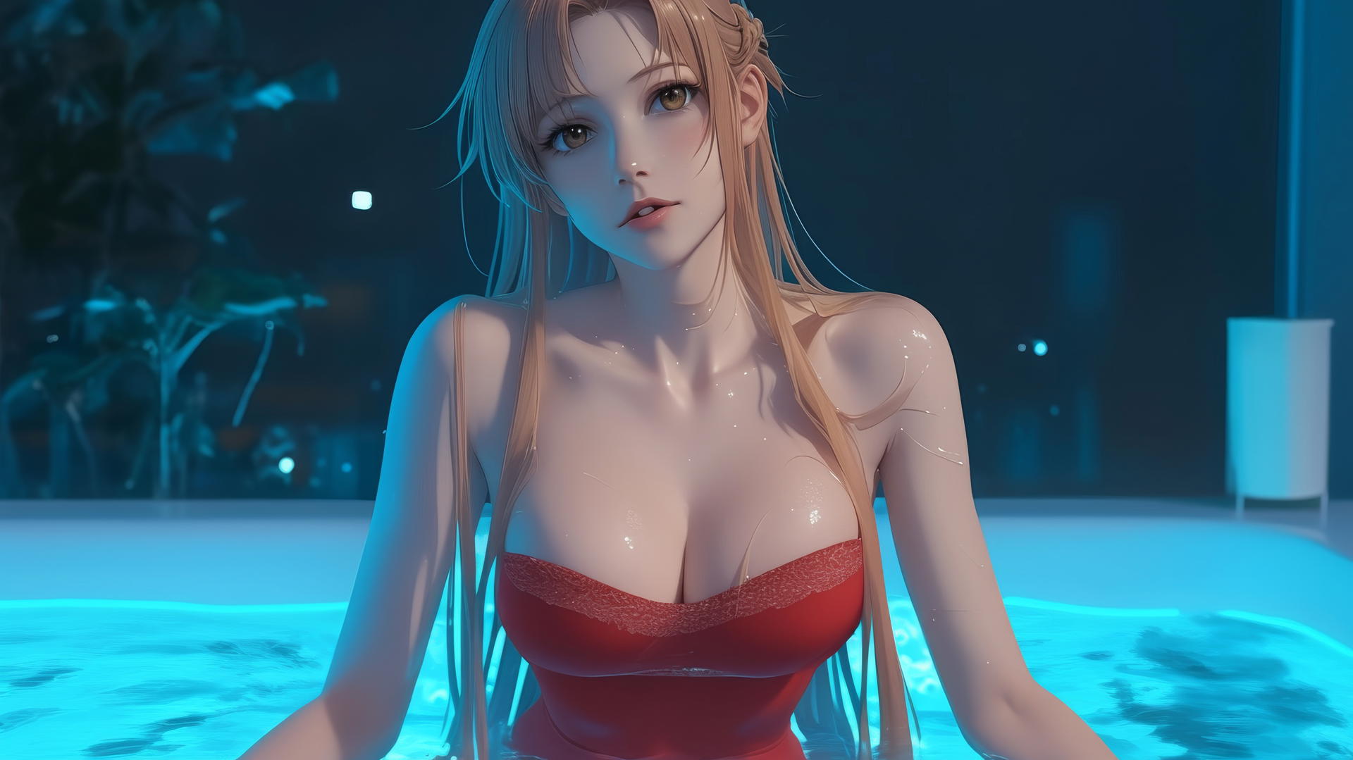 Asuna from Sword Art Online in red Christmas attire, glowing in neon light in hotel room