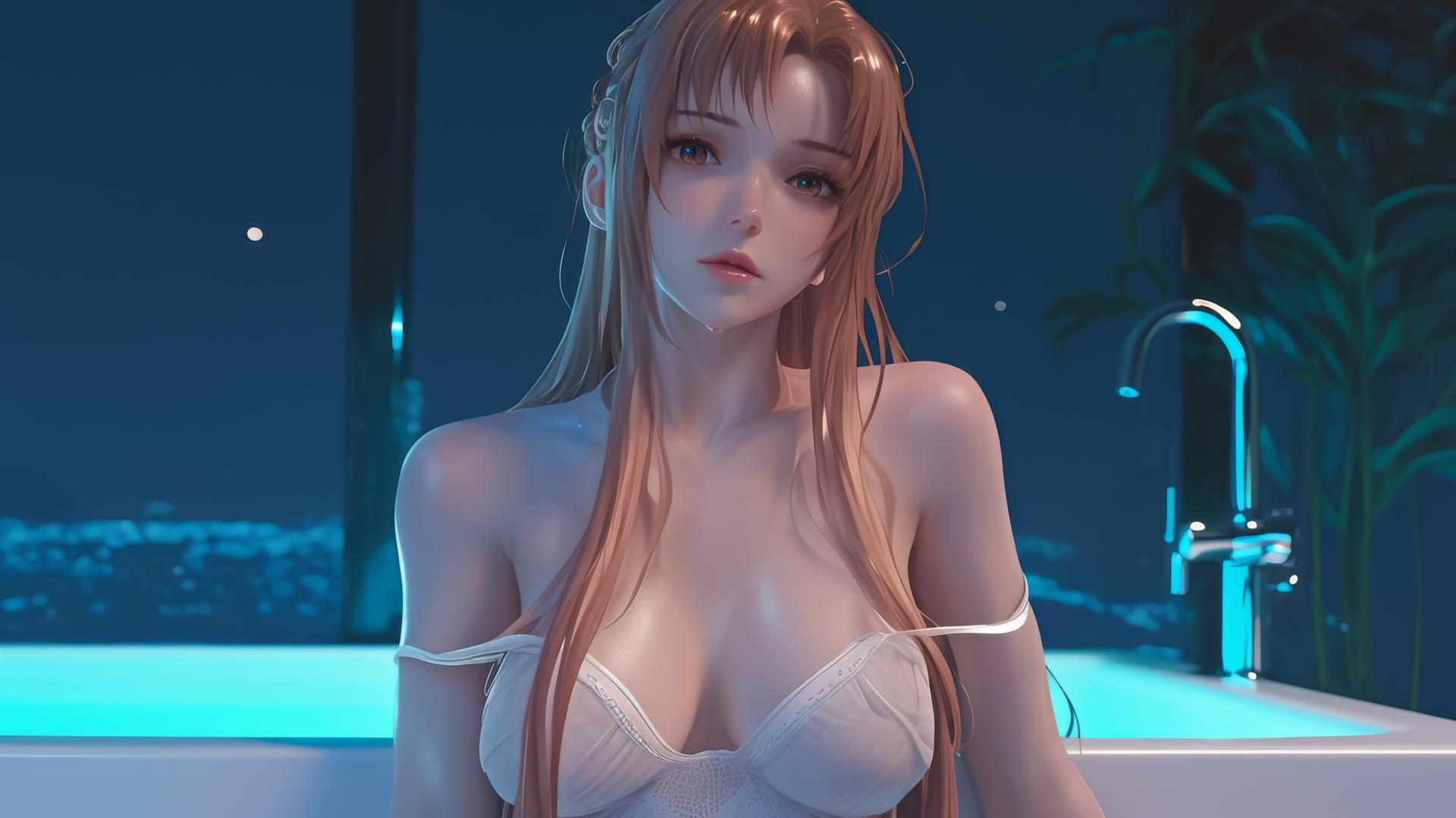 Asuna from Sword Art Online in a modern hotel room with neon lighting.
