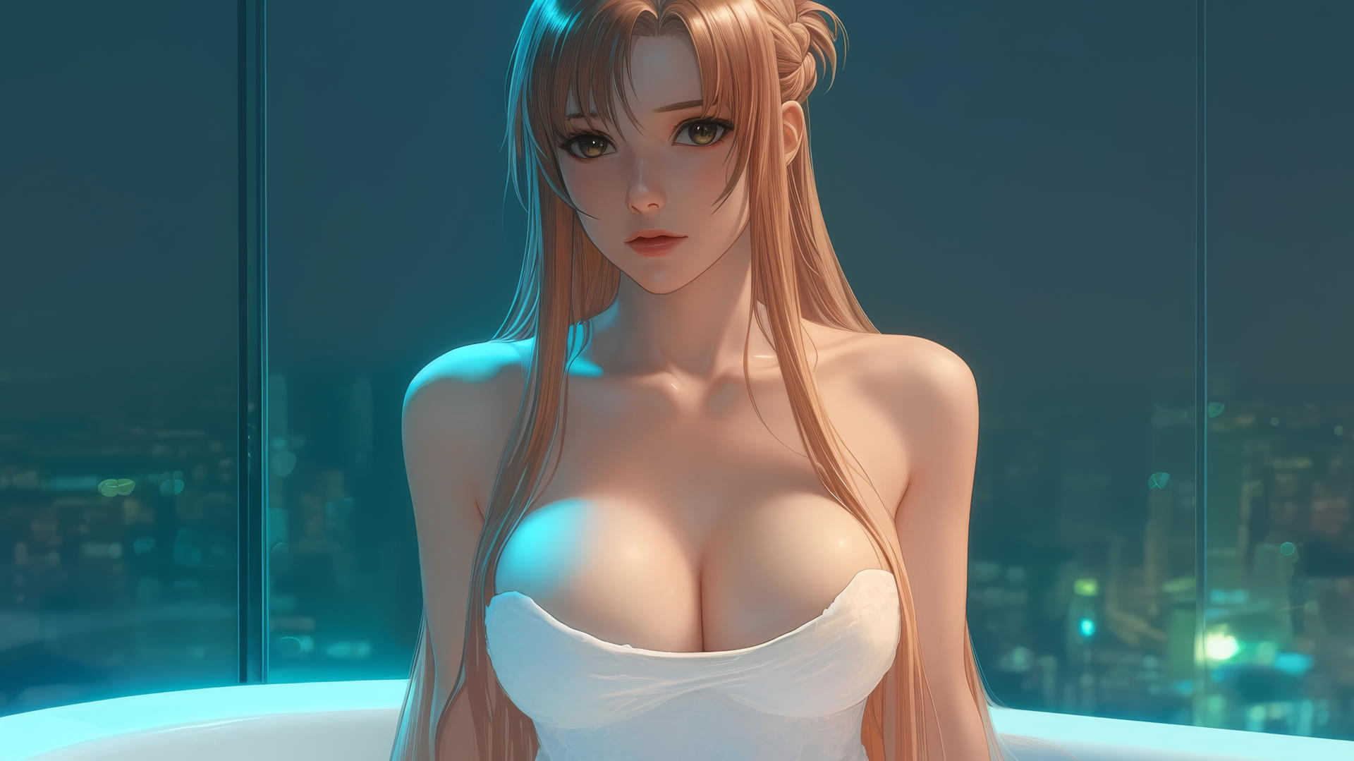 Asuna from Sword Art Online in a modern hotel room, lit by neon light