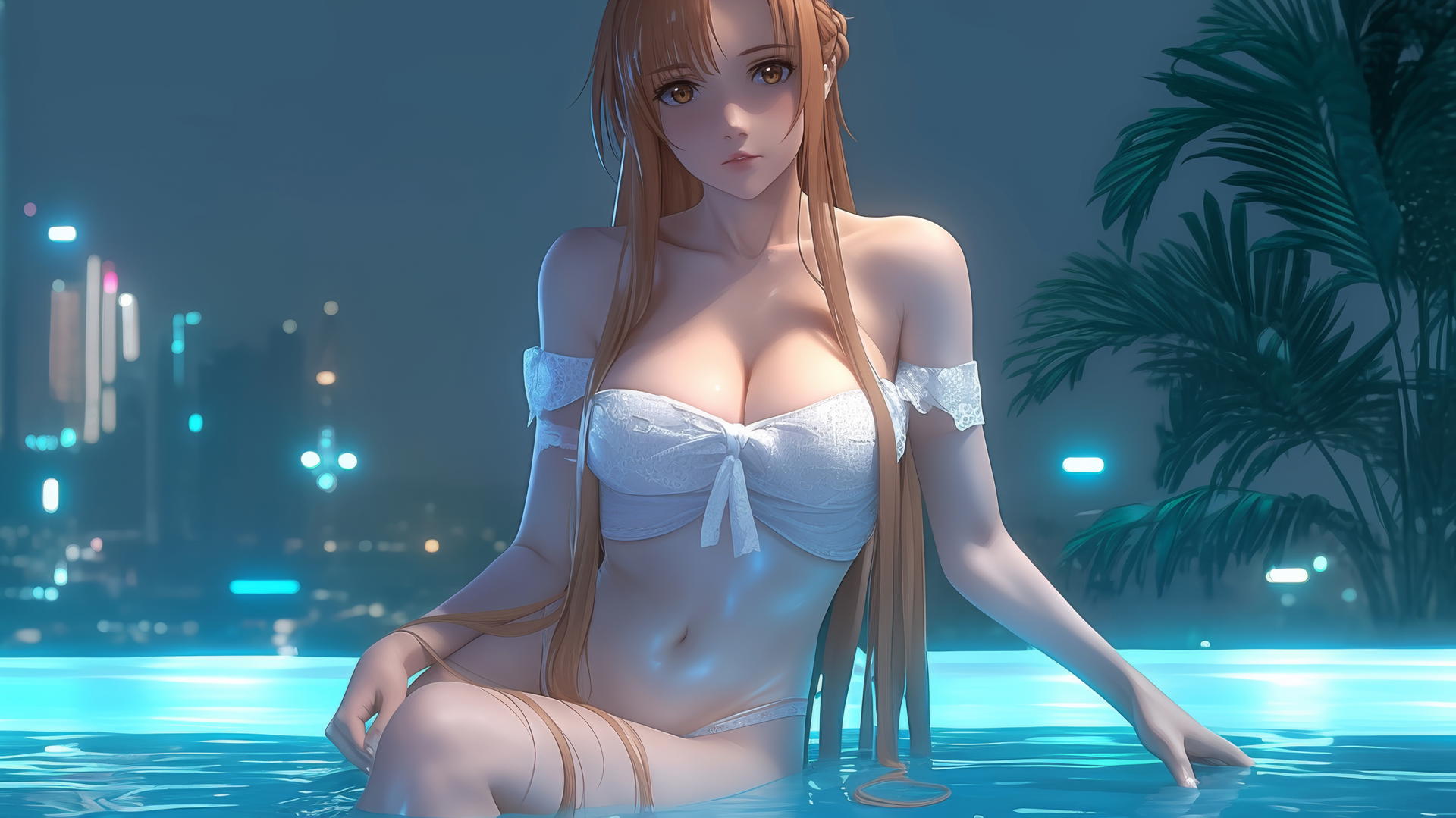 Asuna from Sword Art Online in a modern hotel room with neon lighting.