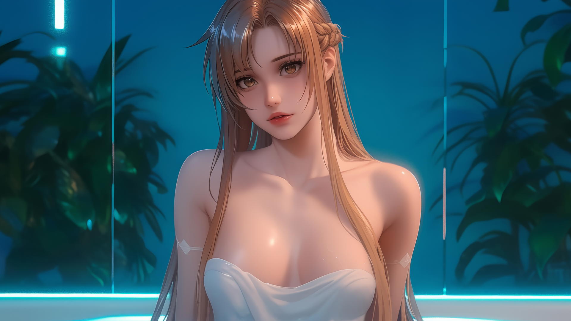 Asuna from Sword Art Online in a modern hotel room tub with neon light