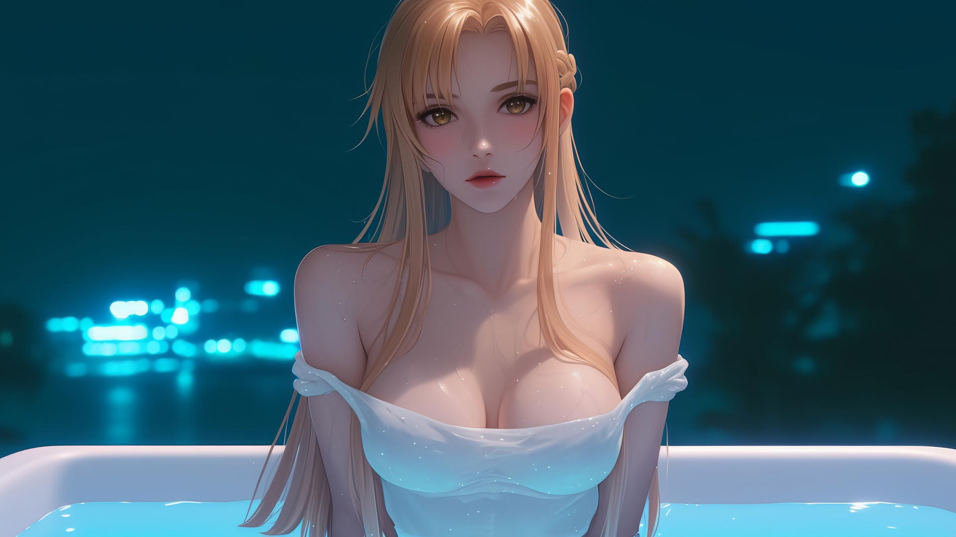 Asuna from Sword Art Online in a modern hotel room's tub with neon light glow.