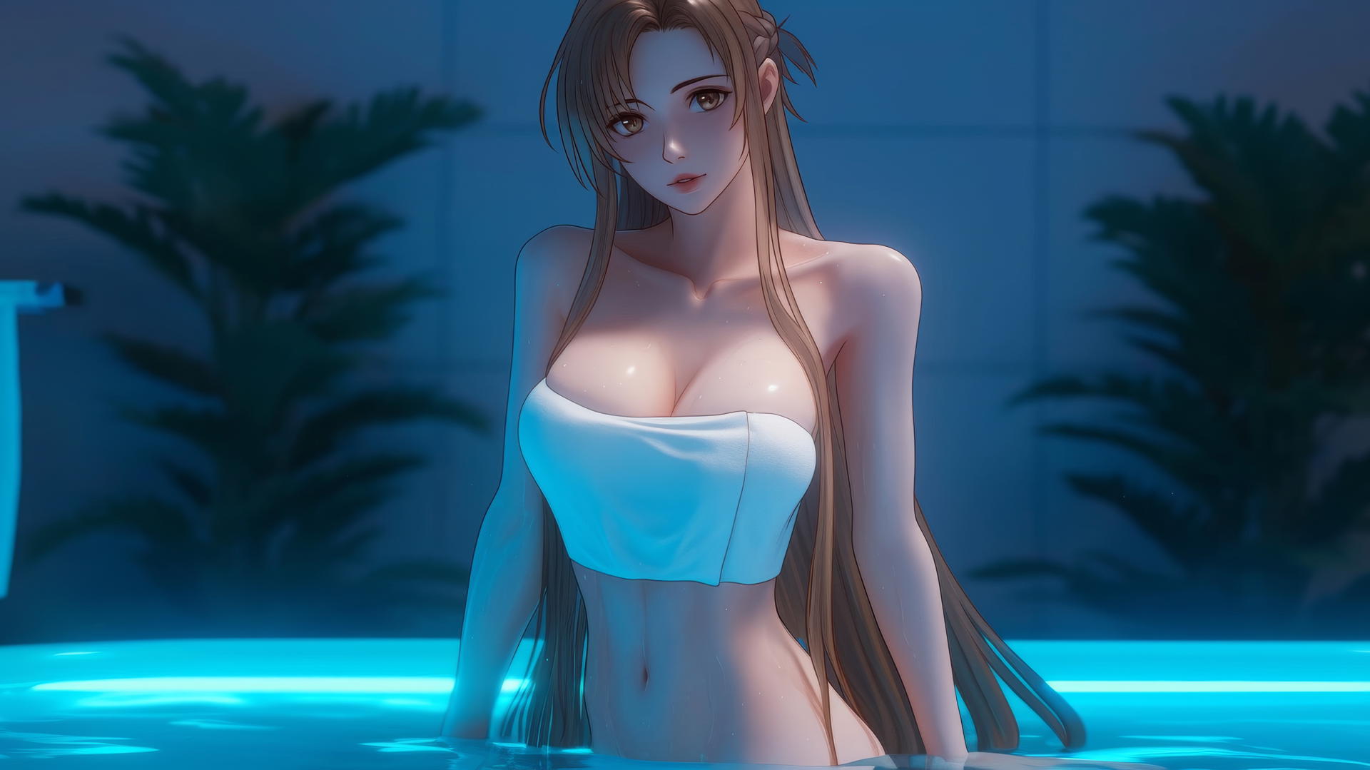 Asuna from Sword Art Online in a modern hotel room bathed in neon light.