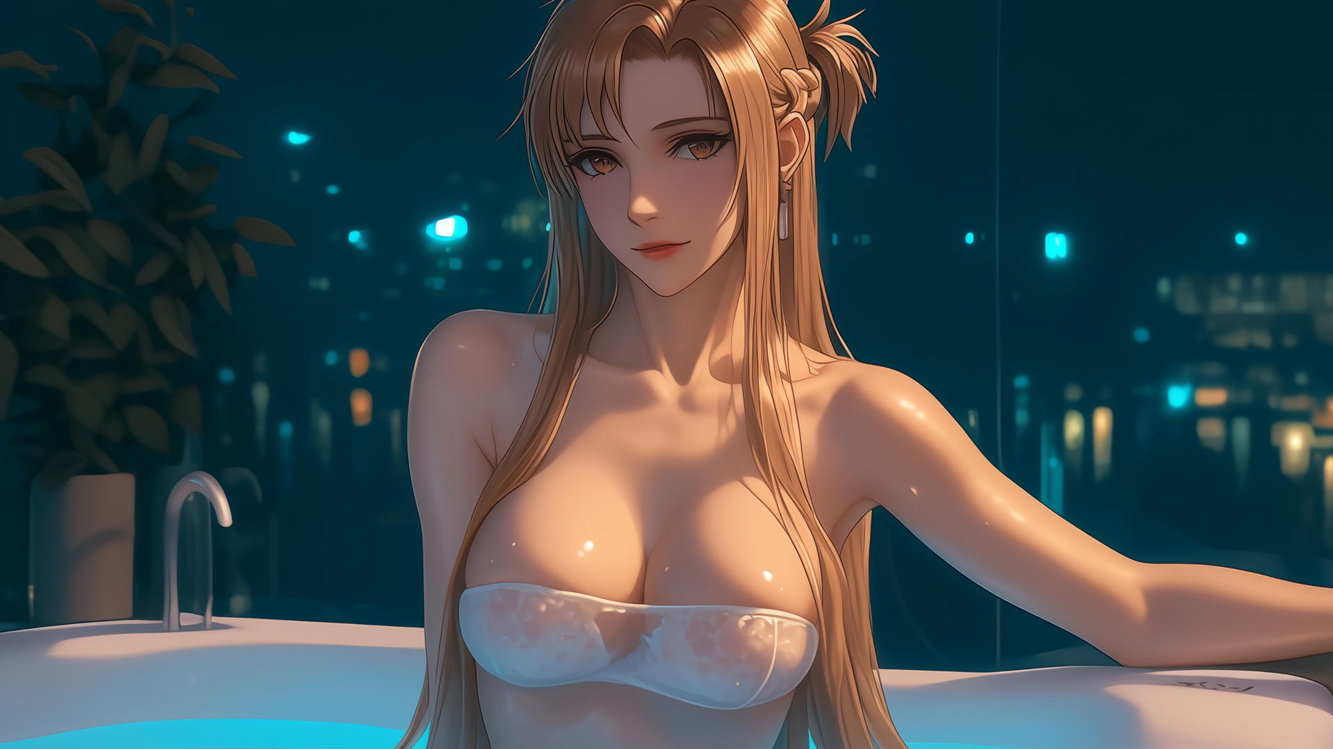 Asuna from Sword Art Online in a modern hotel room, bathed in neon light, with long strawberry blond hair and hazel eyes.