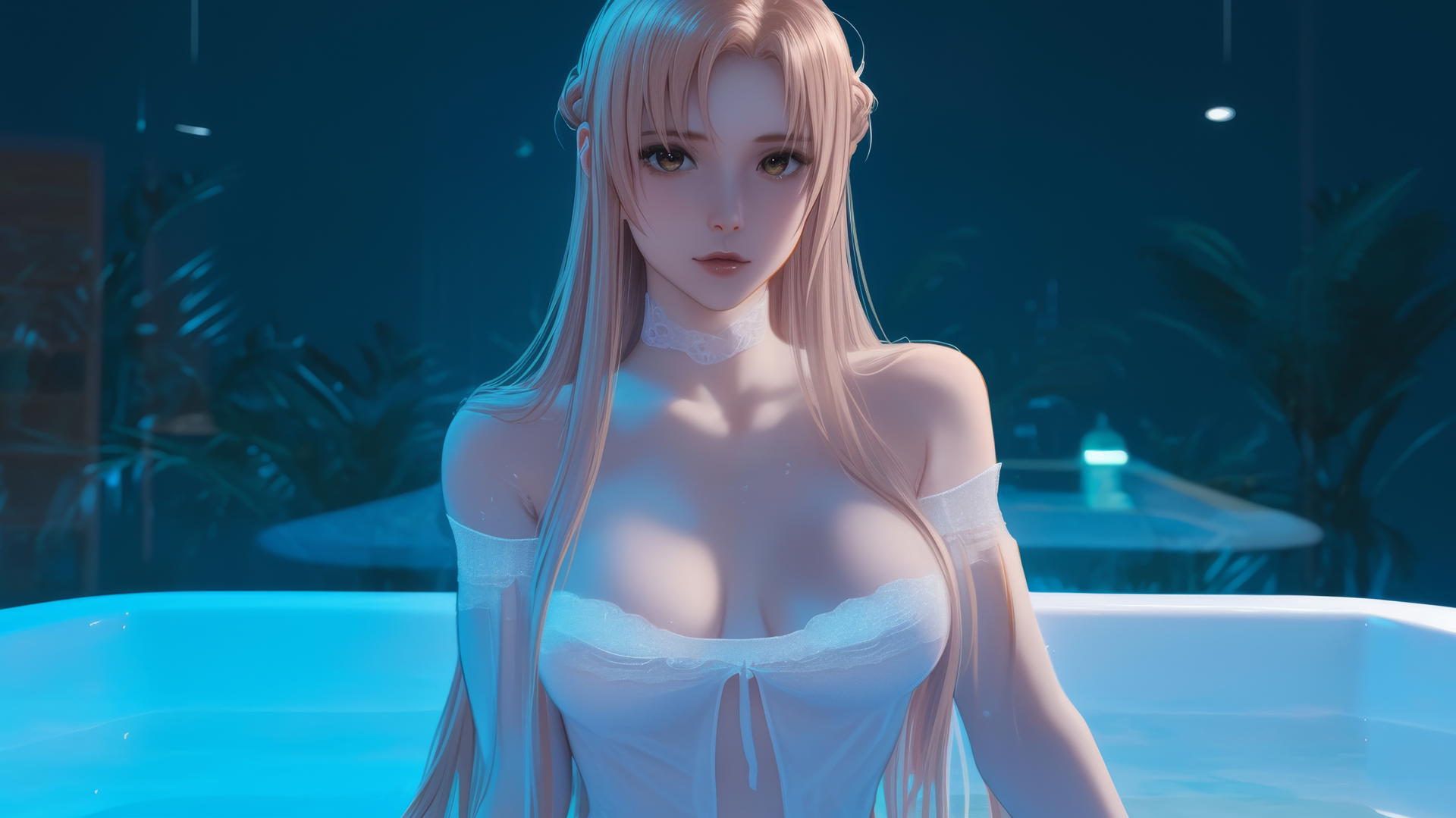 Asuna from Sword Art Online in a modern hotel room, lit by neon light, with long strawberry blonde hair and hazel eyes.