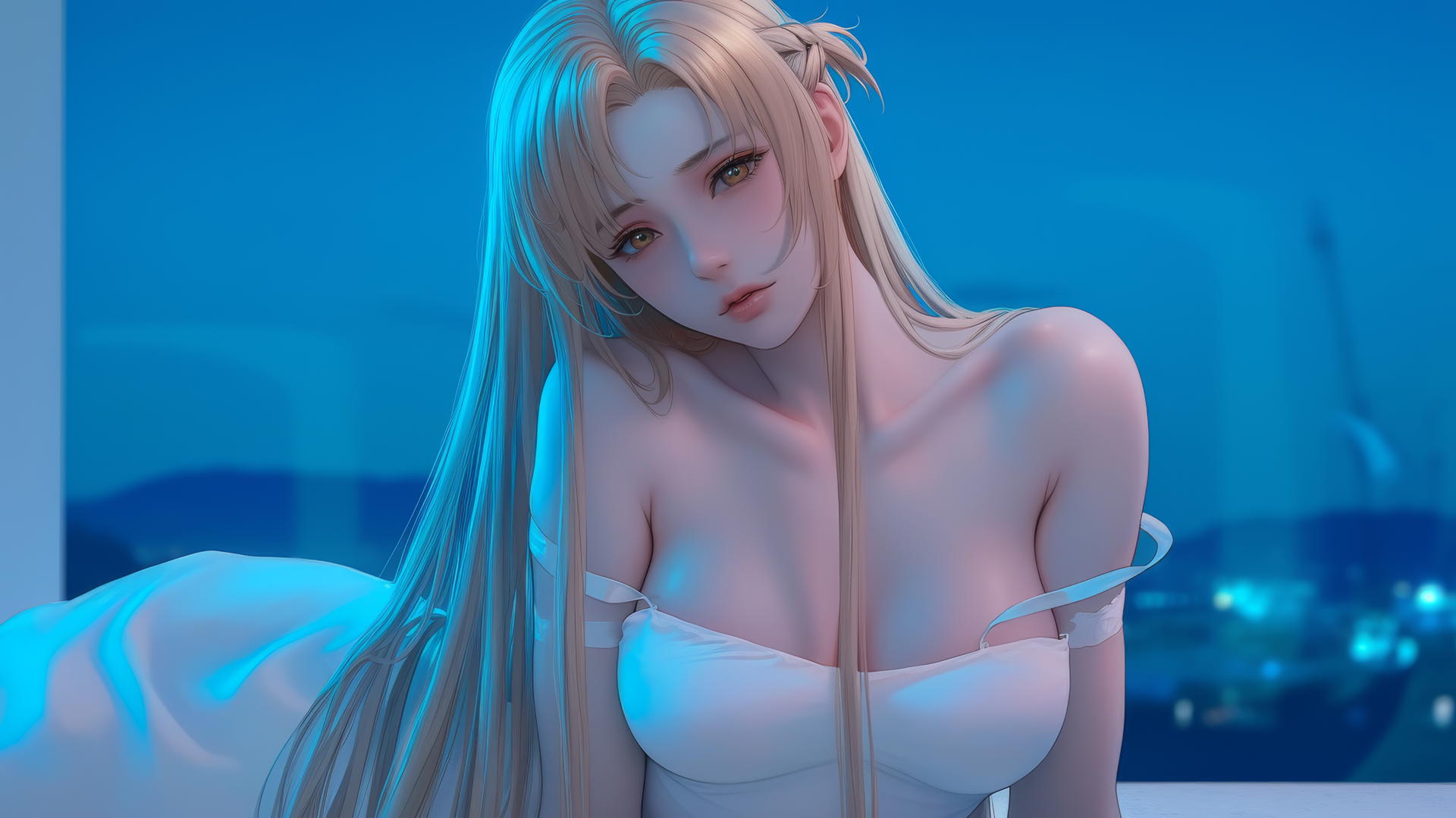 Asuna from Sword Art Online resting in a modern hotel room, illuminated by neon lights.